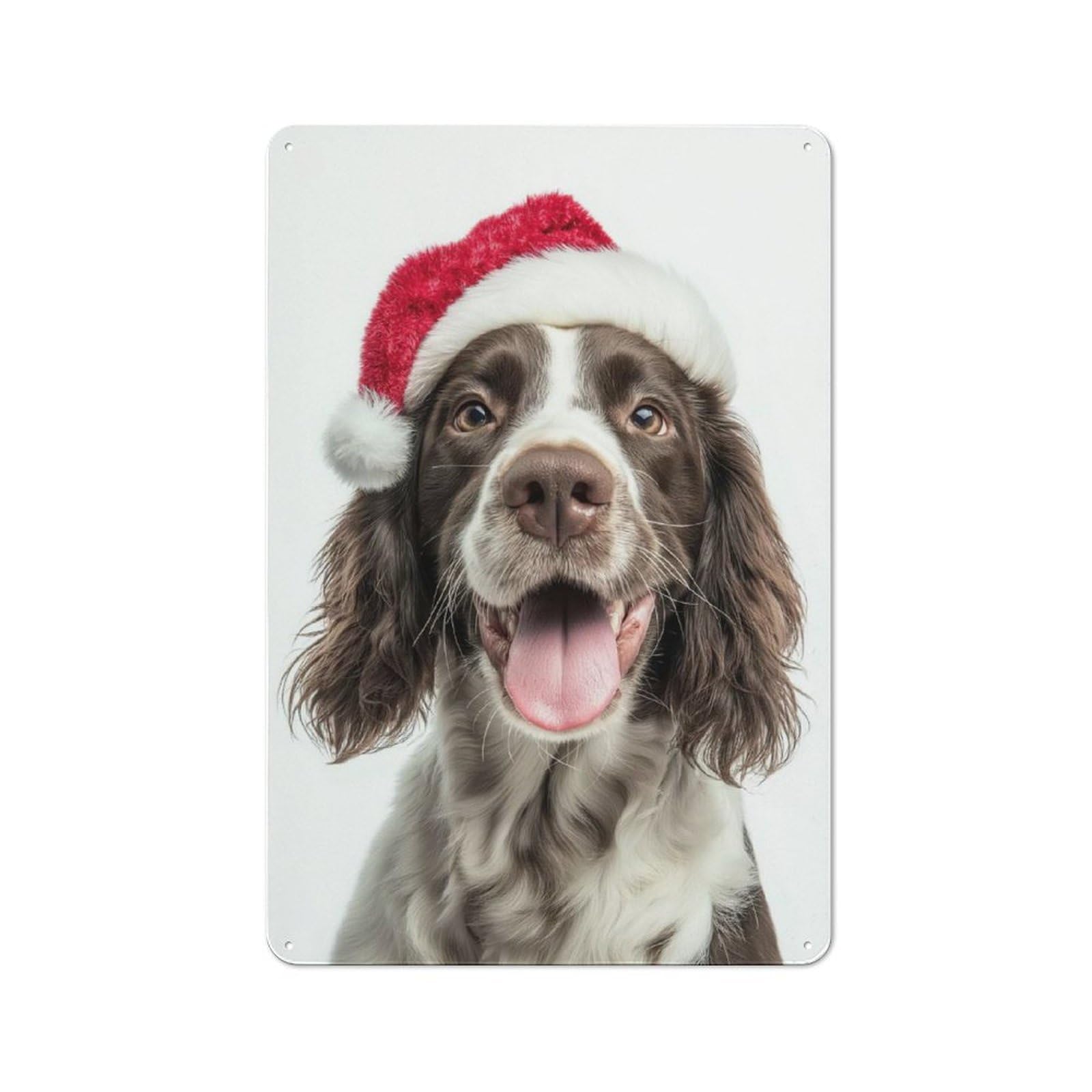 Junmoney English Springer Spaniel Dog With Santa Hat P Tin Wall Plaque 30X20cm With Ortrait For Guest Room Or Hallway, For Metal Sign Collectors, For Garage And Workshop Walls