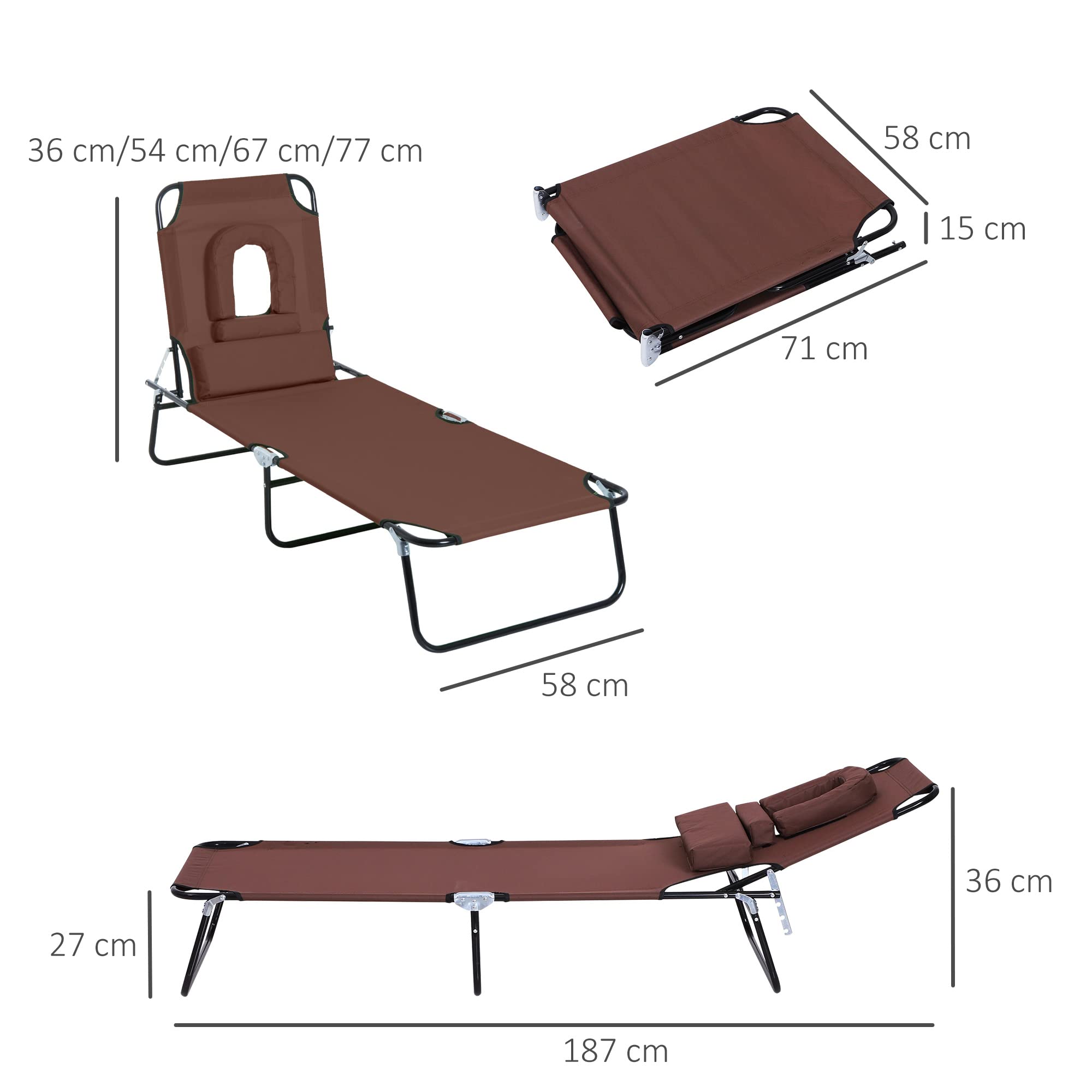 Outsunny Bain de Soleil Pliable transat inclinable 4 Positions Chaise Longue 3 Coussins fournis Marron