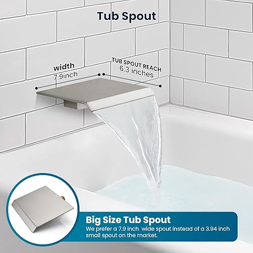 Miniatura 3 de gotonovo Juego de grifo de ducha mezclador de lluvia de níquel cepillado con boquilla de cascada, cabezal de ducha cuadrado de 10 pulgadas con