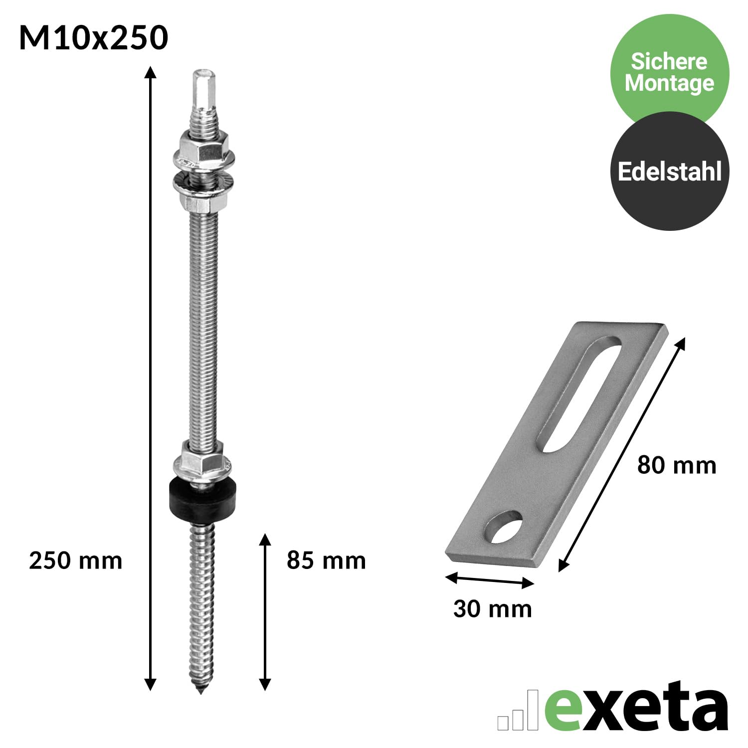 10 Stockschrauben mit Adapterplatten m10 x 250mm aus Edelstahl - Für PV Anlage - Zur Befestigung von Solarpanelen