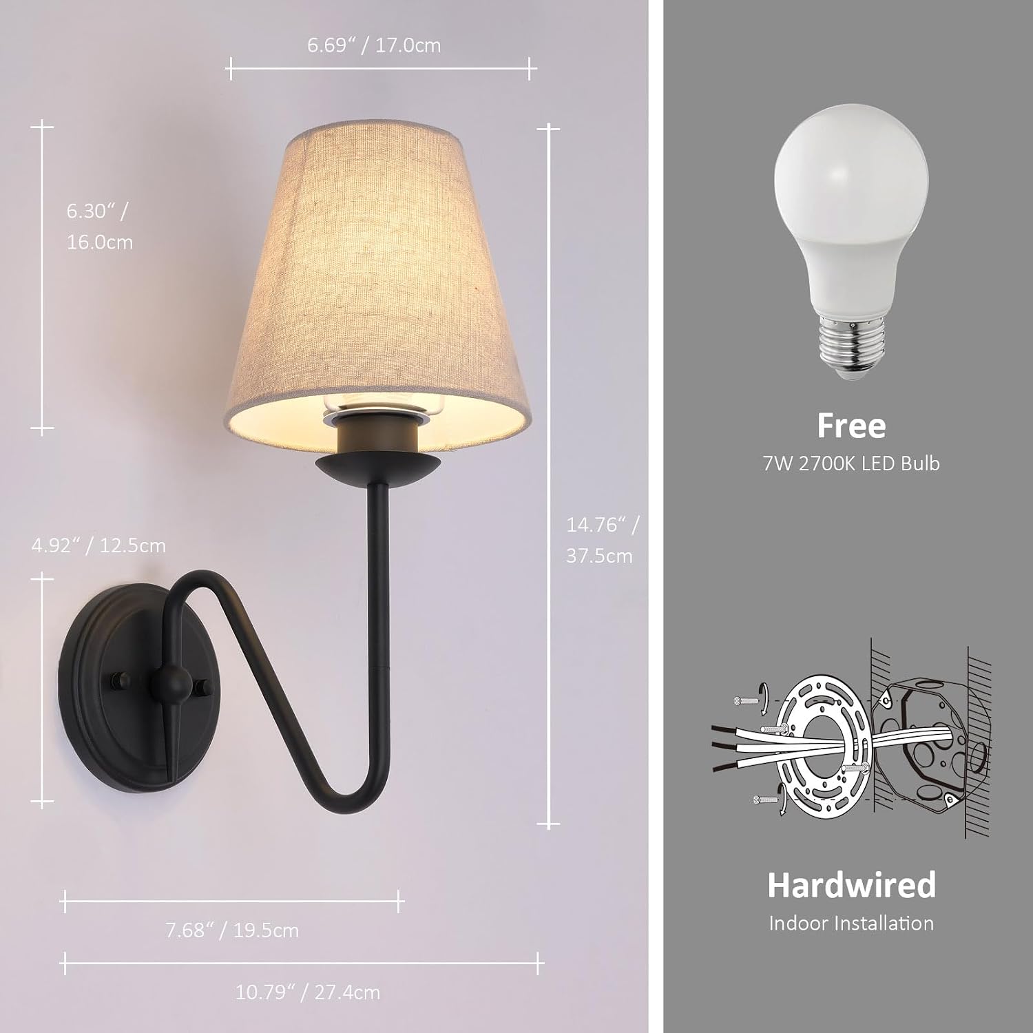 Industrial Modern Wall Sconce, Elegant Metal Wall Lamp for Living Room Fabric Shade, E26 Hardwire Vintage Wall Lights for Bathroom Vanity, Hallway, Farmhouse, Kitchen, Staircase (Black)