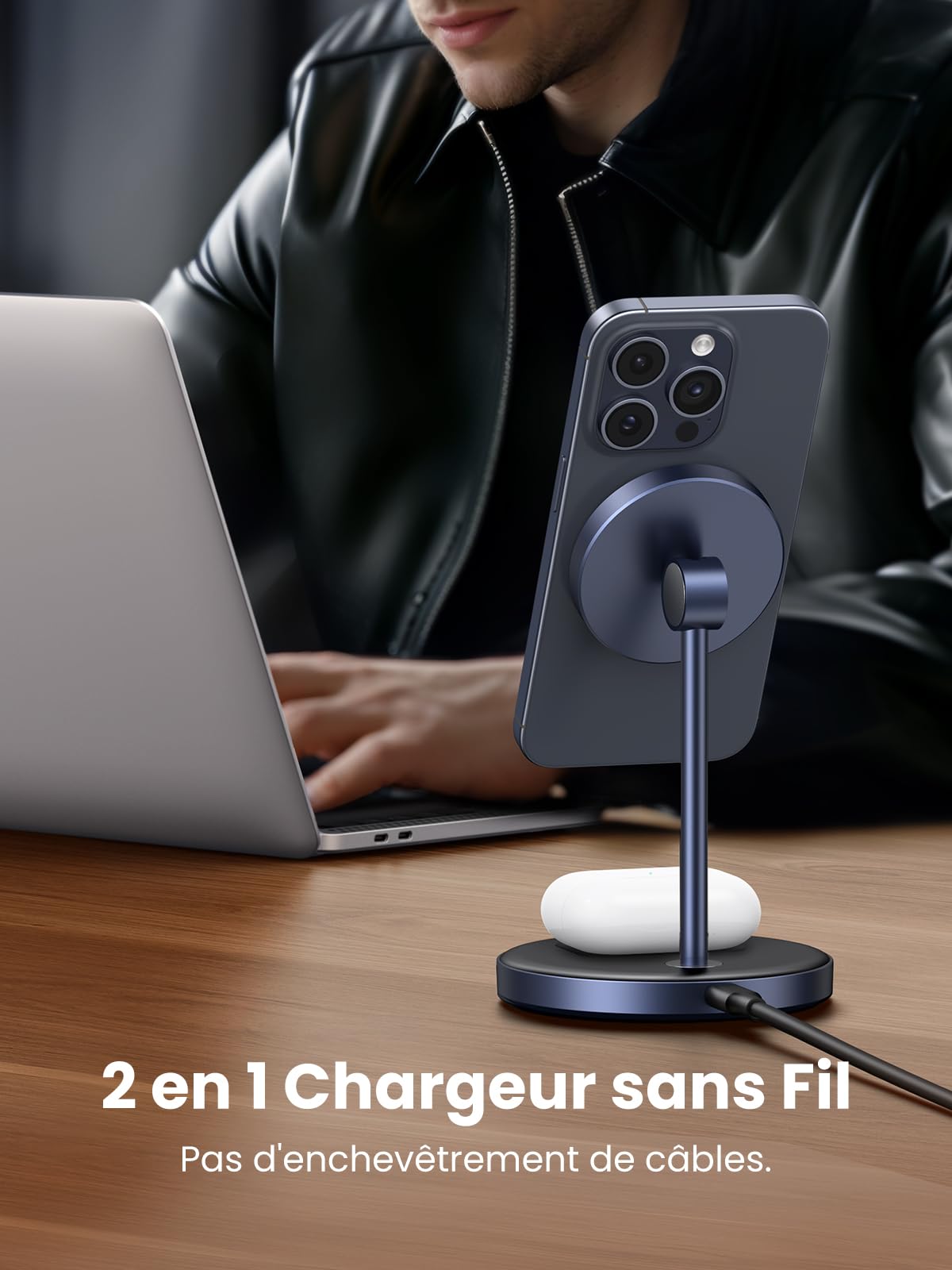 UGREEN Zapix Chargeur Induction iPhone 2 en 1 Qi Compatible avec MagSafe iPhone 17 16 15 14 13 12 Air Plus Pro Max AirPods 4 3 Pro 3 2 1 Station de Charge sans Fil Magnétique Rapide Mode Standby