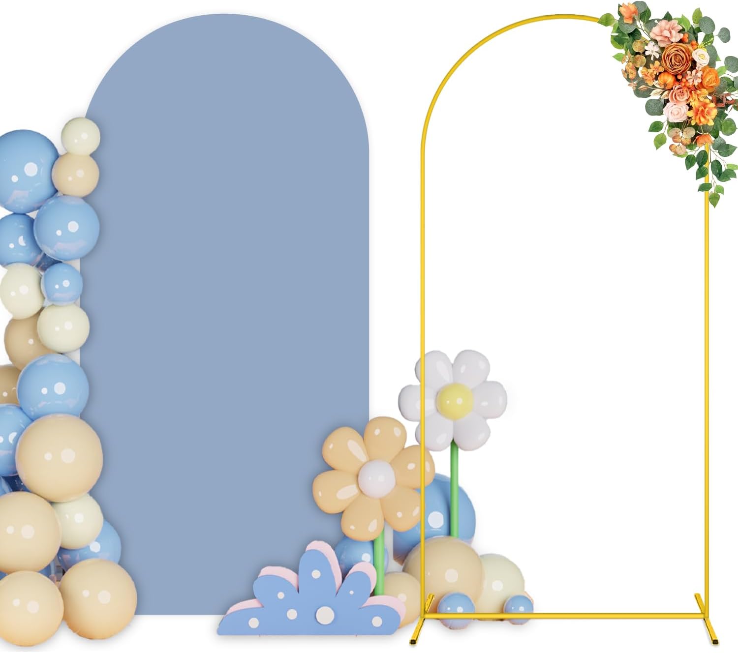 7.2 FT Wedding Arch Backdrop Stand and Dusty Blue Arch Cover Set Metal Arch Stand with Spandex Arch Stands Cover Party Backdrop Gold Wedding Arches for Ceremony Birthday Baby Shower Decor