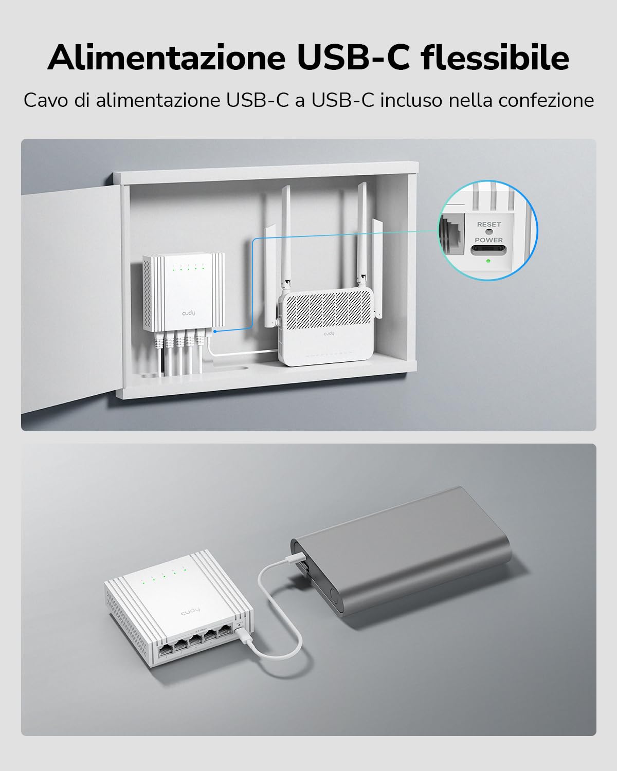 Cudy Switch Ethernet 5 Porte 2,5G Gestito USB‑C HS105U | Controllo web, VLAN, QoS, loop prevention, Cat5e, Silent, NAS, Gaming, ufficio, desktop setups, montaggio parete