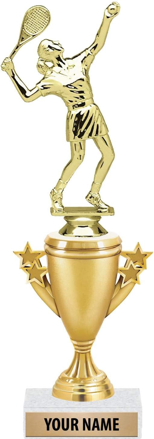 Tennis Serve Female Trophies - Gold - Tennis Trophy Award - Custom Engraving On White Marble Base