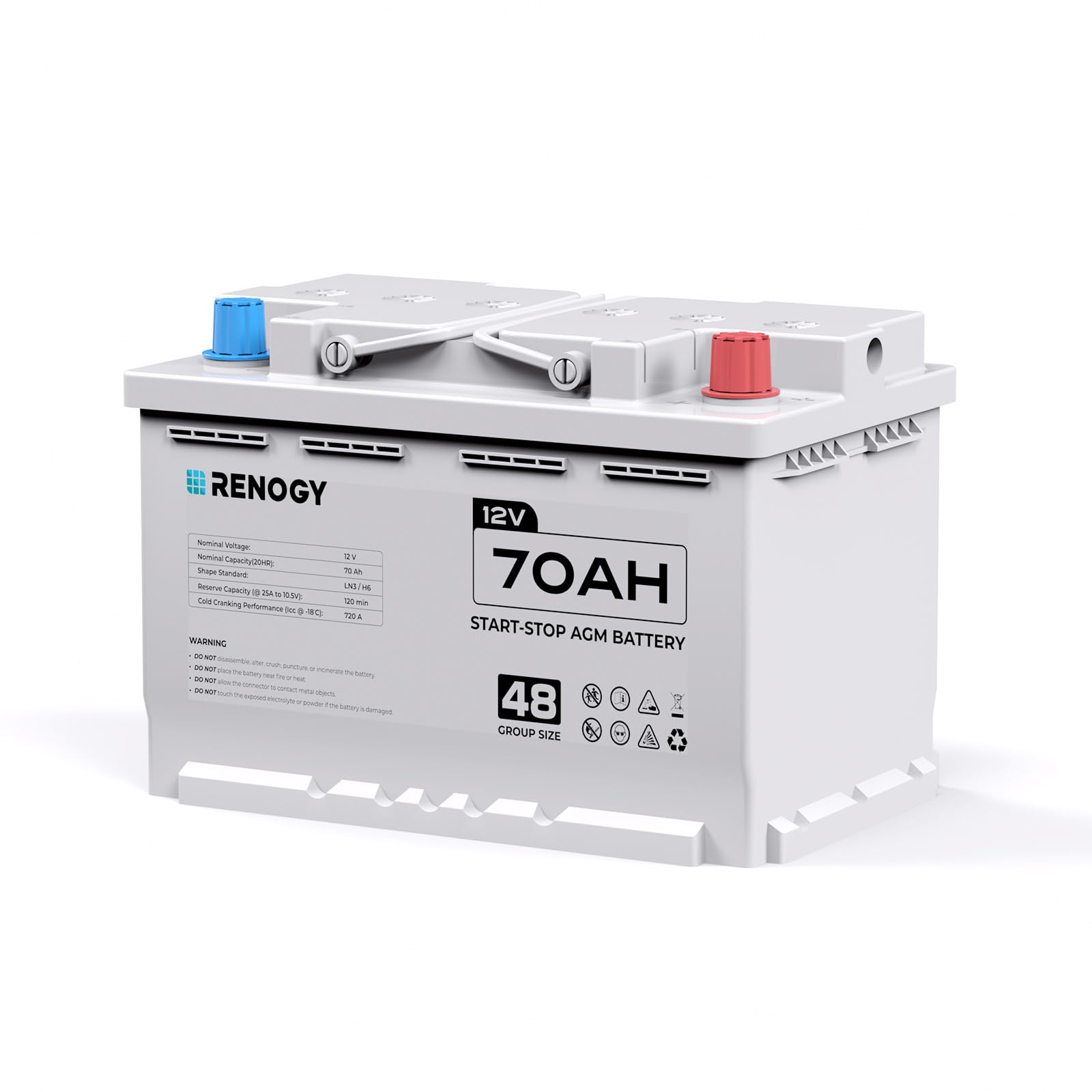 Renogy 12V 70Ah AGM Car Battery H6, Group 48 Start and Stop Automotive Battery with 720 CCA, 120RC, Reliable Power for Cars, SUVs, Trucks, and Marine Starting