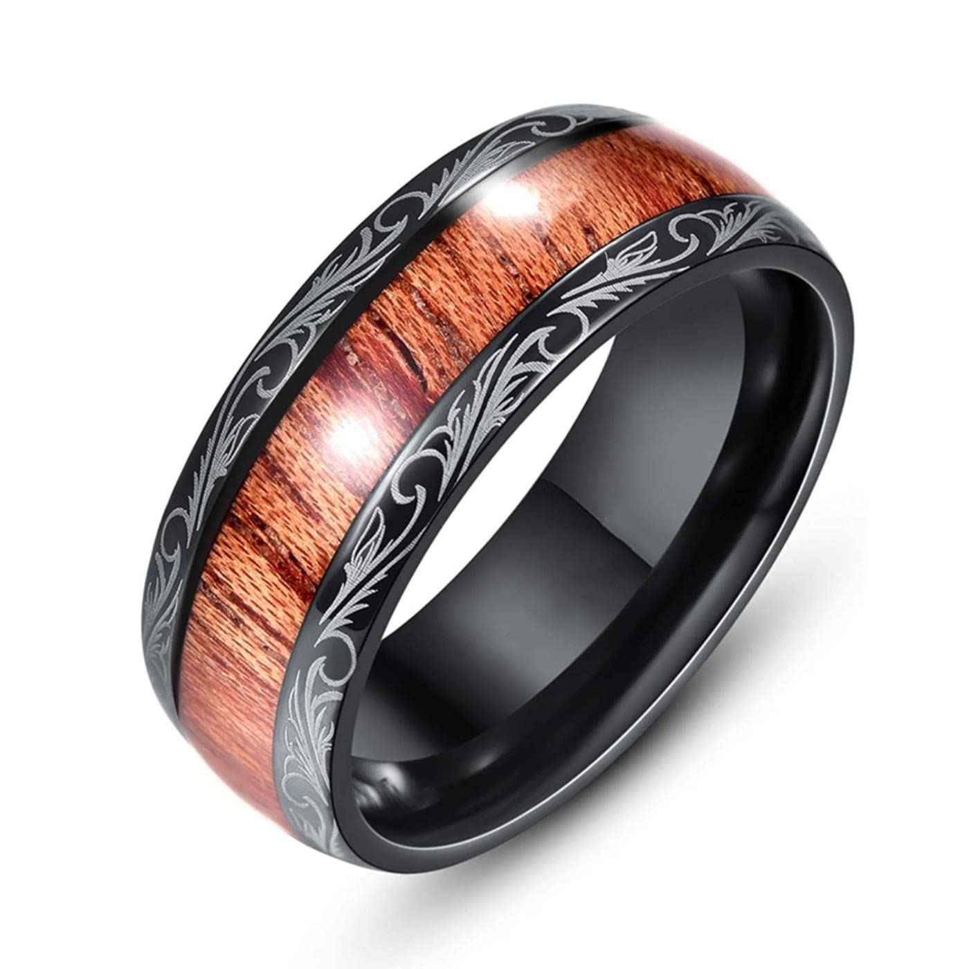 Mayiyaho Men's Black Fashion 8Mm Stainless Steel Ring Hawaiian Koa Wood Inlay Dome Engaget Ring Wedding Band Jewelry Gift