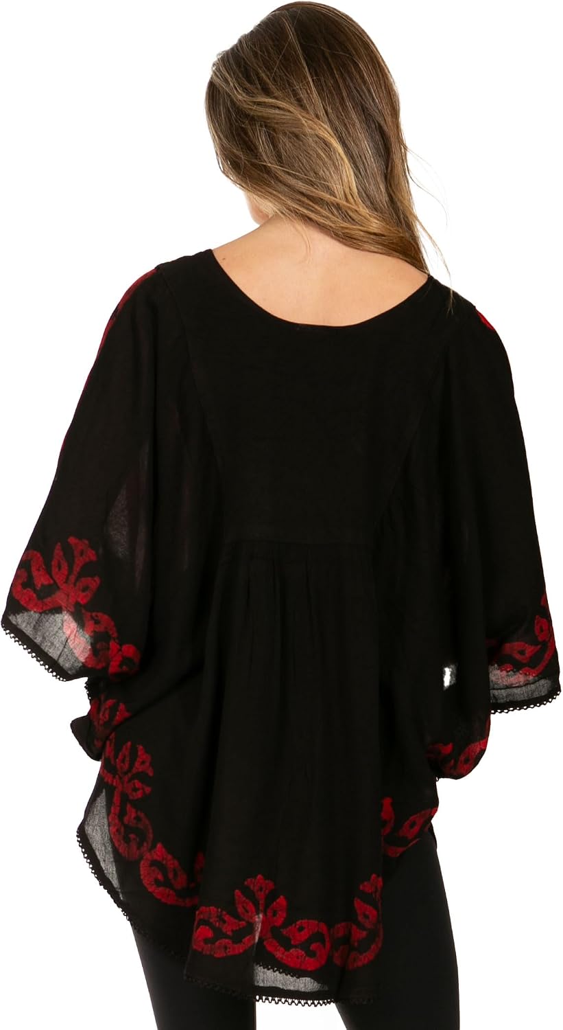 Sakkas Lynda Two Tone Batik Embroidered Palm Tree Peasant Top/Poncho
