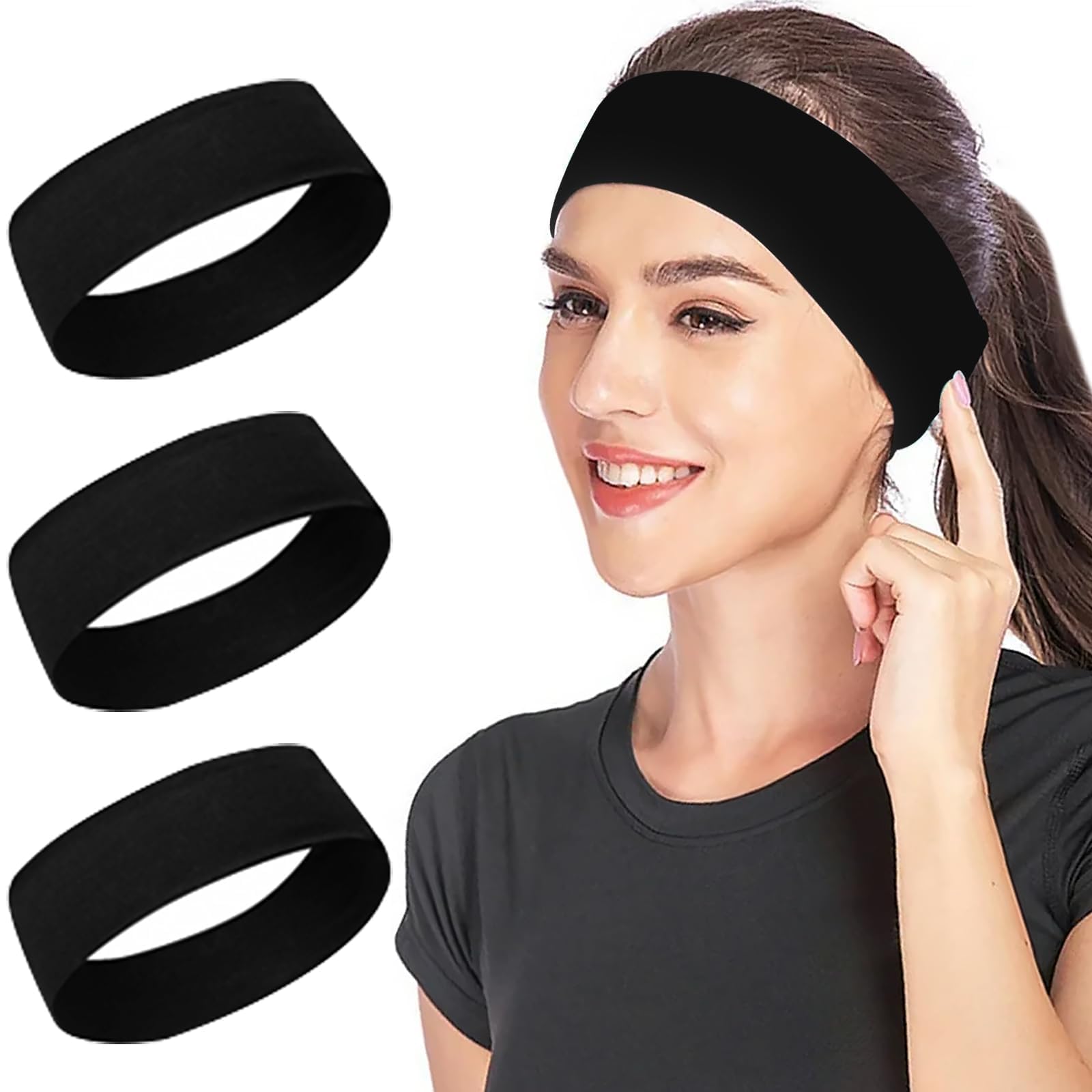 Sularpek Haarbänder，3 Pack Haarband Damen，7.5cm Schwarz Breites Haarband，Anti-Rutsch Stirnband Damen，Elastische Haarbänder für Laufen, Radfahren, Yoga, Fitness