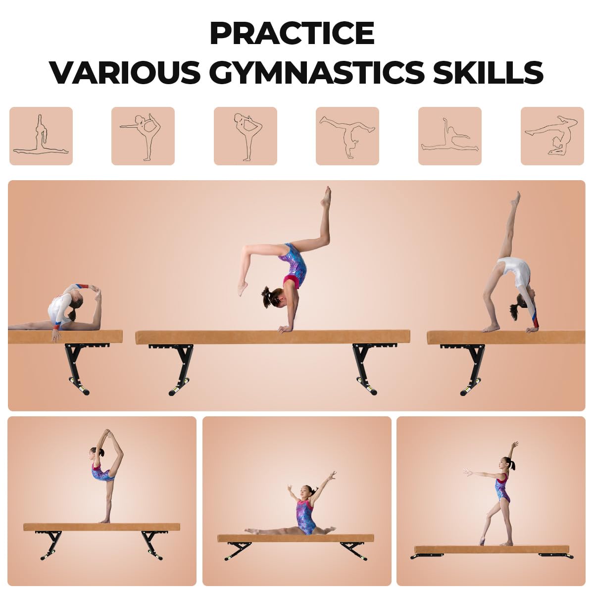 Poutre Gymnastique Enfant 244cm avec 5 Hauteurs Réglables, Niveau Haut et Bas, Poutre d'entraînement Gymnastique Equipement de Gymnastique pour Débutants et Gymnastes Professionnels avec Jambe