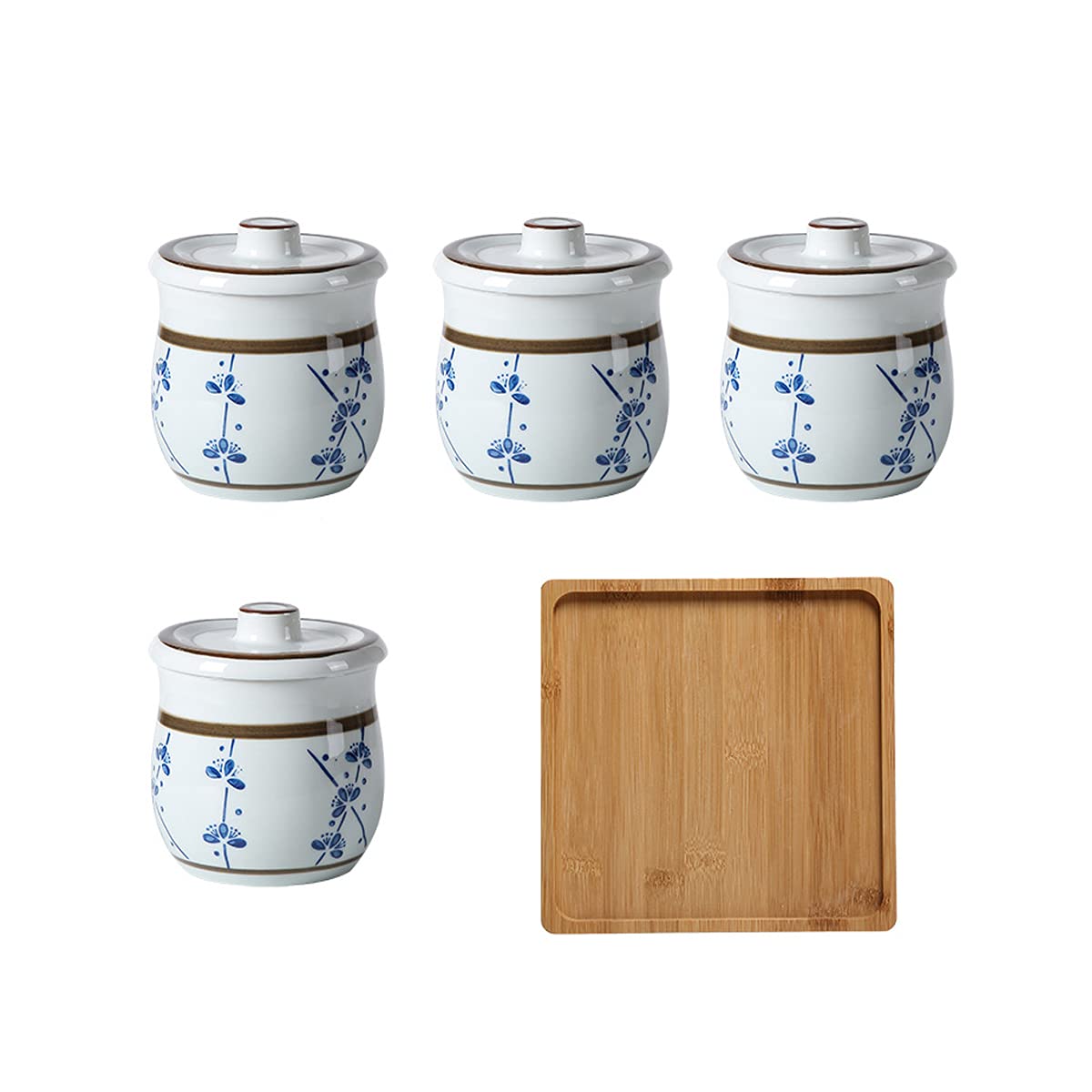 Tarros de almacenamiento de especias Caja de condimentos Tarro de condimentos Tarro de especias de cerámica con cucharas y recipientes de bandeja for azúcar salada, patrón pintado a mano, juego de 4