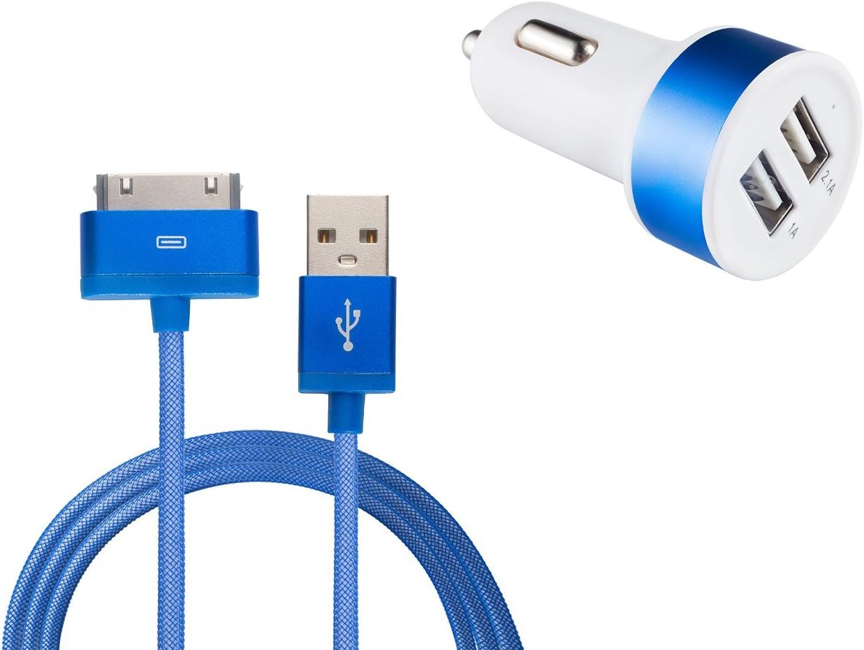 3.1A Dual USB Car Adapter Charger with Durable Unbreakable Apple MFi Certified 30-Pin to USB Cable for iPhone and iPads - Retail Packaging - Blue