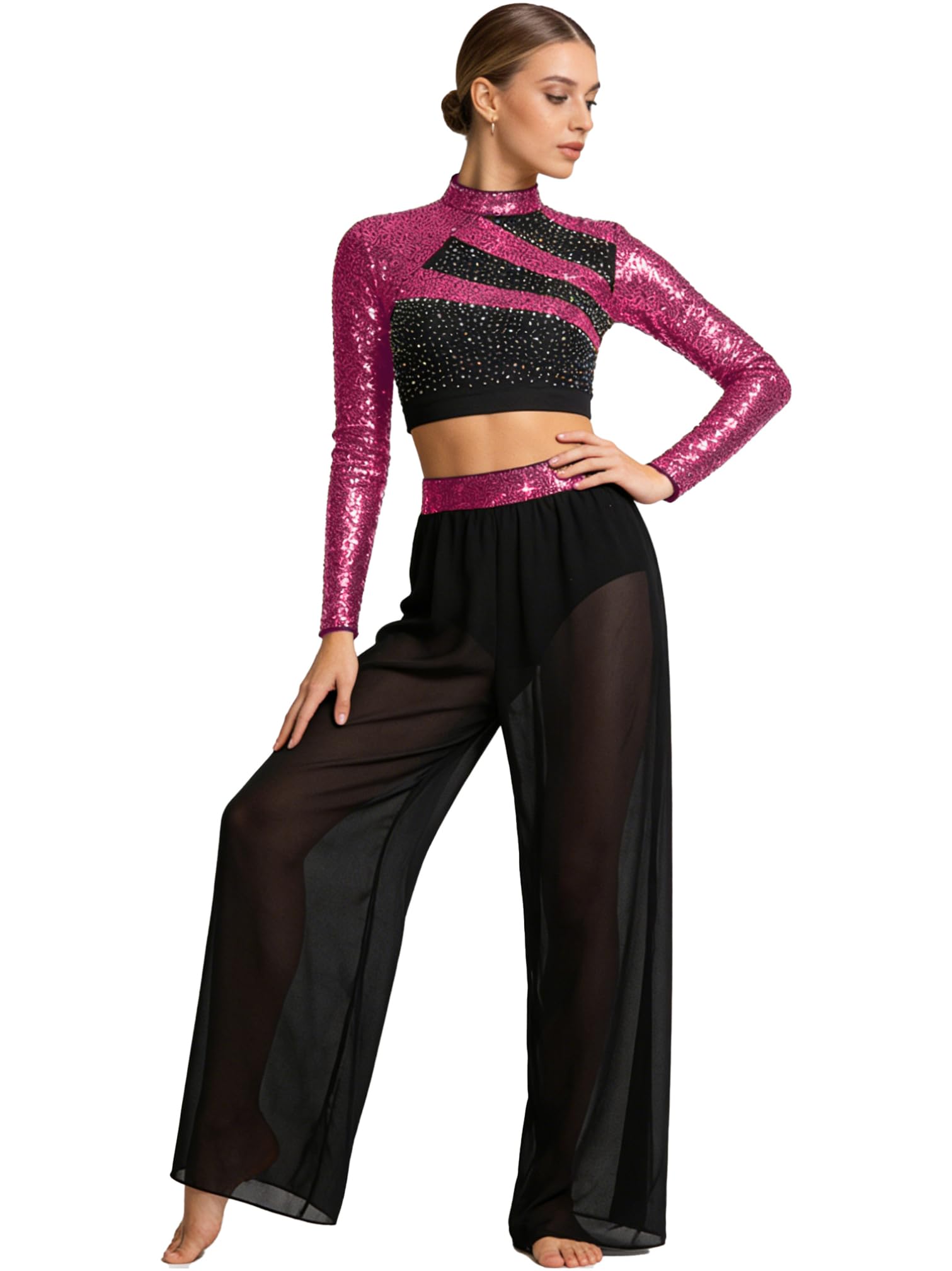 iiniim Traje de Baile Lentejuelas para Mujer con Crop Top de Manga Larga y Pantalones Traje de Gimnasia Rítmica Conjunto de Baile Lírico S-XXL