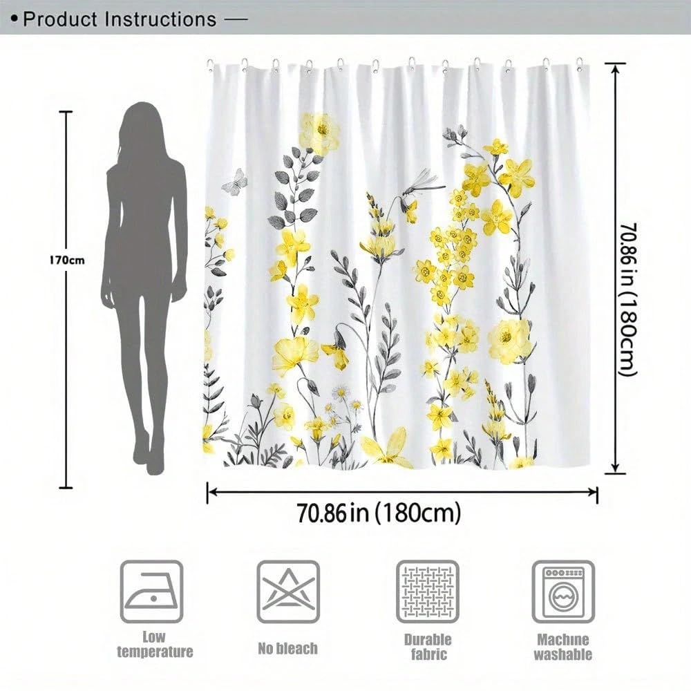 Botanischer Duschvorhang mit gelb-grauen Blumenmuster, Elegantes, natürliches Dekor mit monochromen Aquarellblumen (300 x 200 cm / 118 x 79 Zoll (B x H))