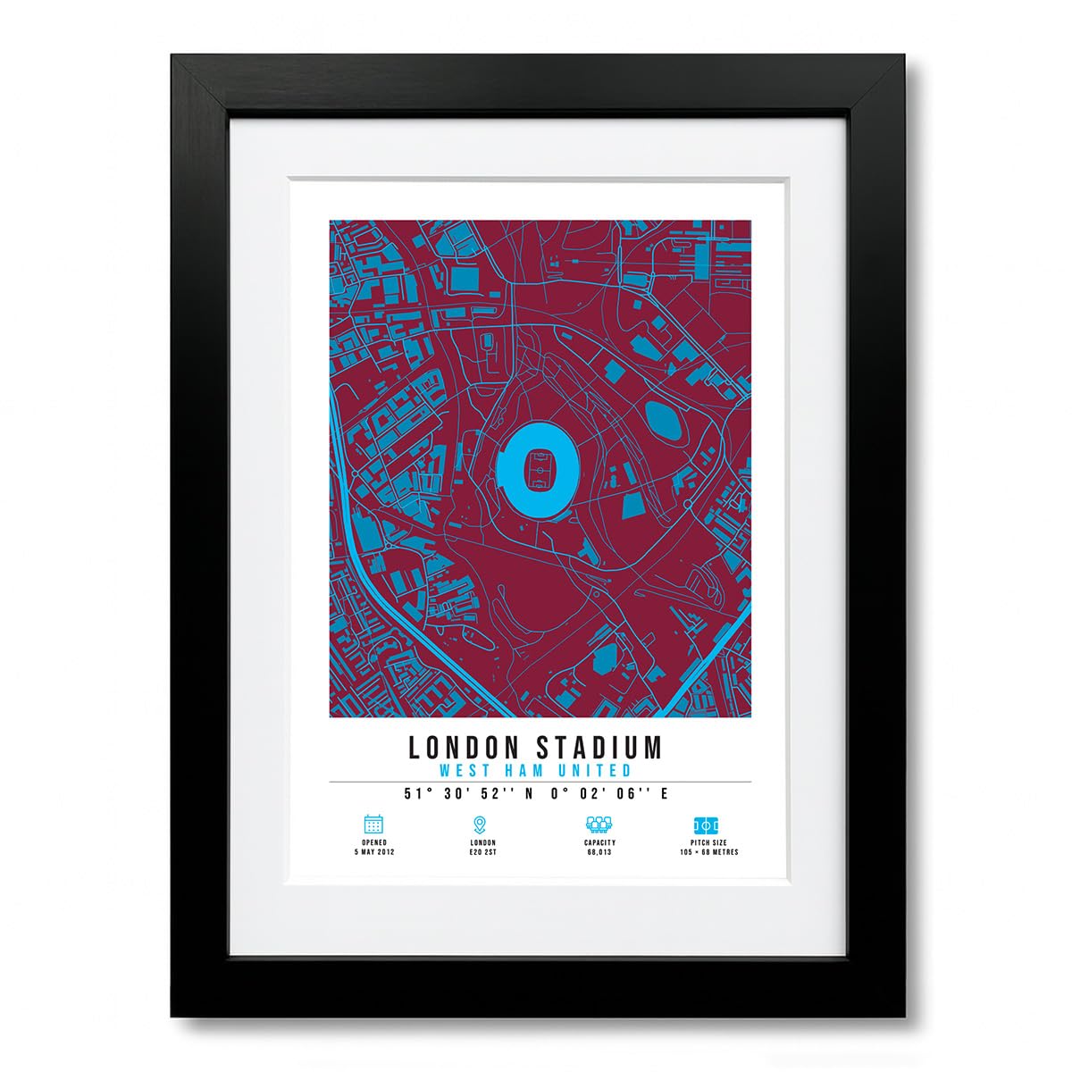 Mounted Gifts Trading A4 Black Framed & Mounted London Stadium Map Minimalist A4/A3 Poster Photo Print Framed Gift West Ham United (A4 Black Framed & Mounted)