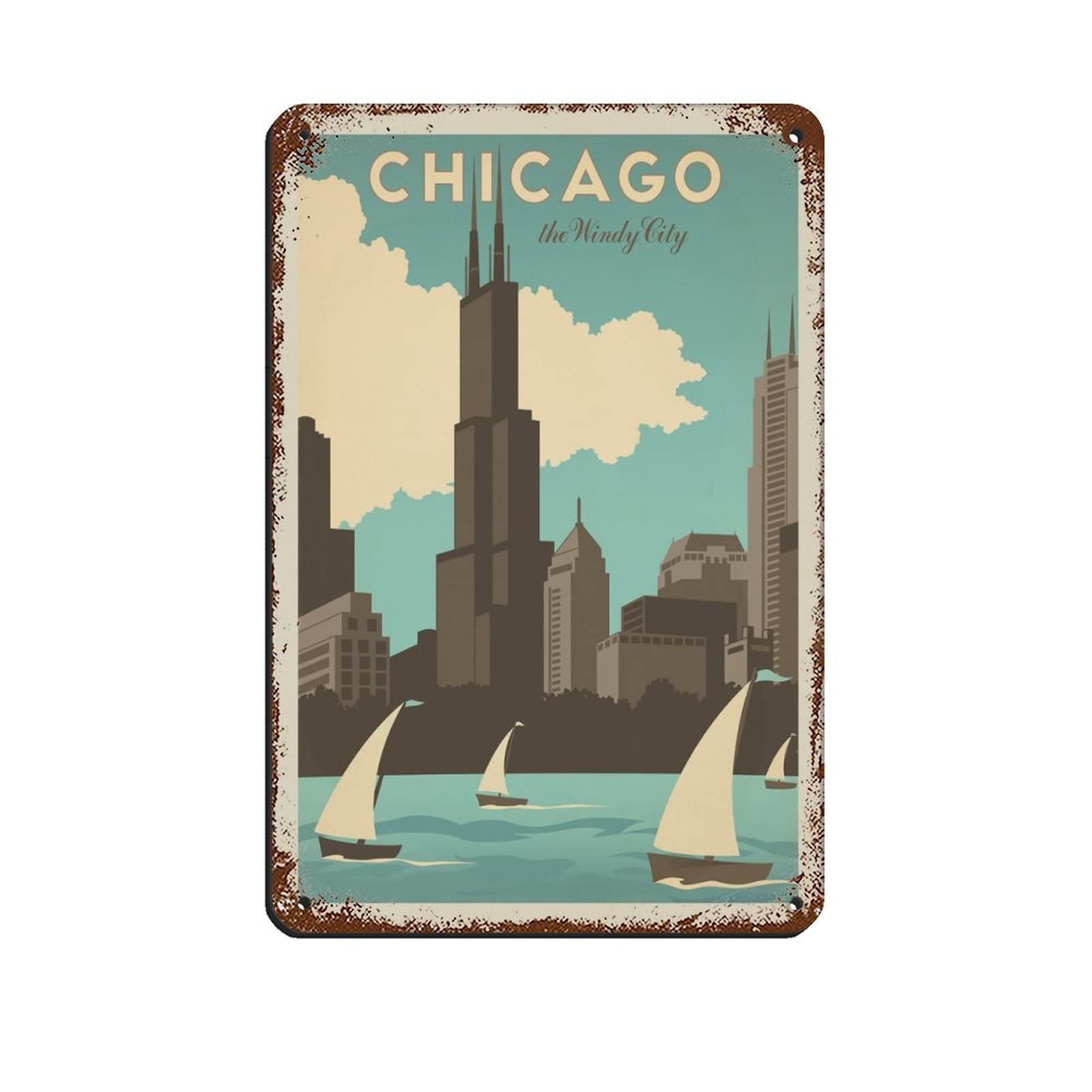KZIWQ Funny Metal Tin Signs Chicago Windy City Vintage Signs Home Kitchen Rustic Travel Metal Signs Wall Art Decor 20x30cm