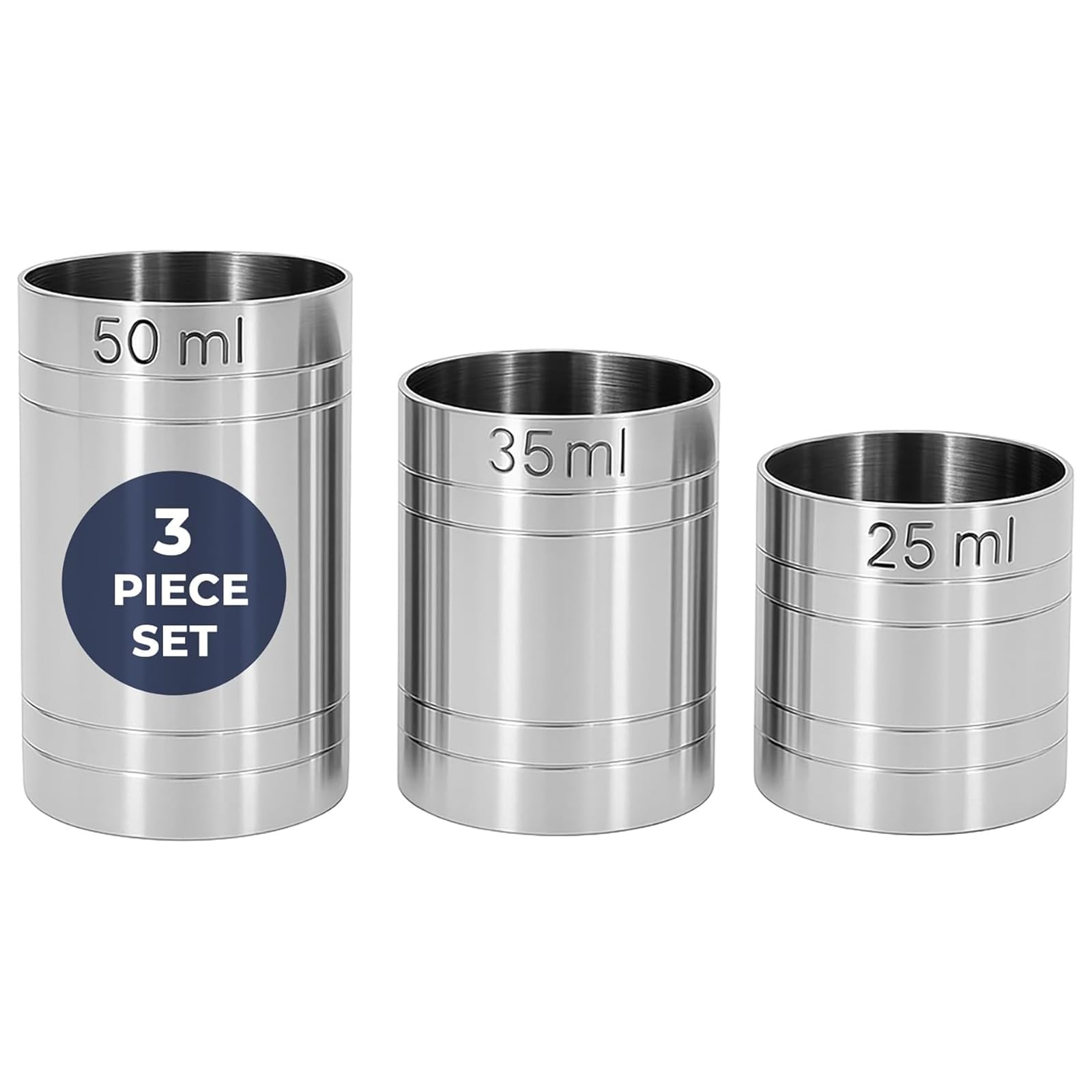 3-Piece Spirit Measure Set (25ml, 35ml, 50ml), Stainless Steel Single Thimble Measure Cups for Bartenders, Drink Measures for Spirits and Cocktails, Home Bar Accessories