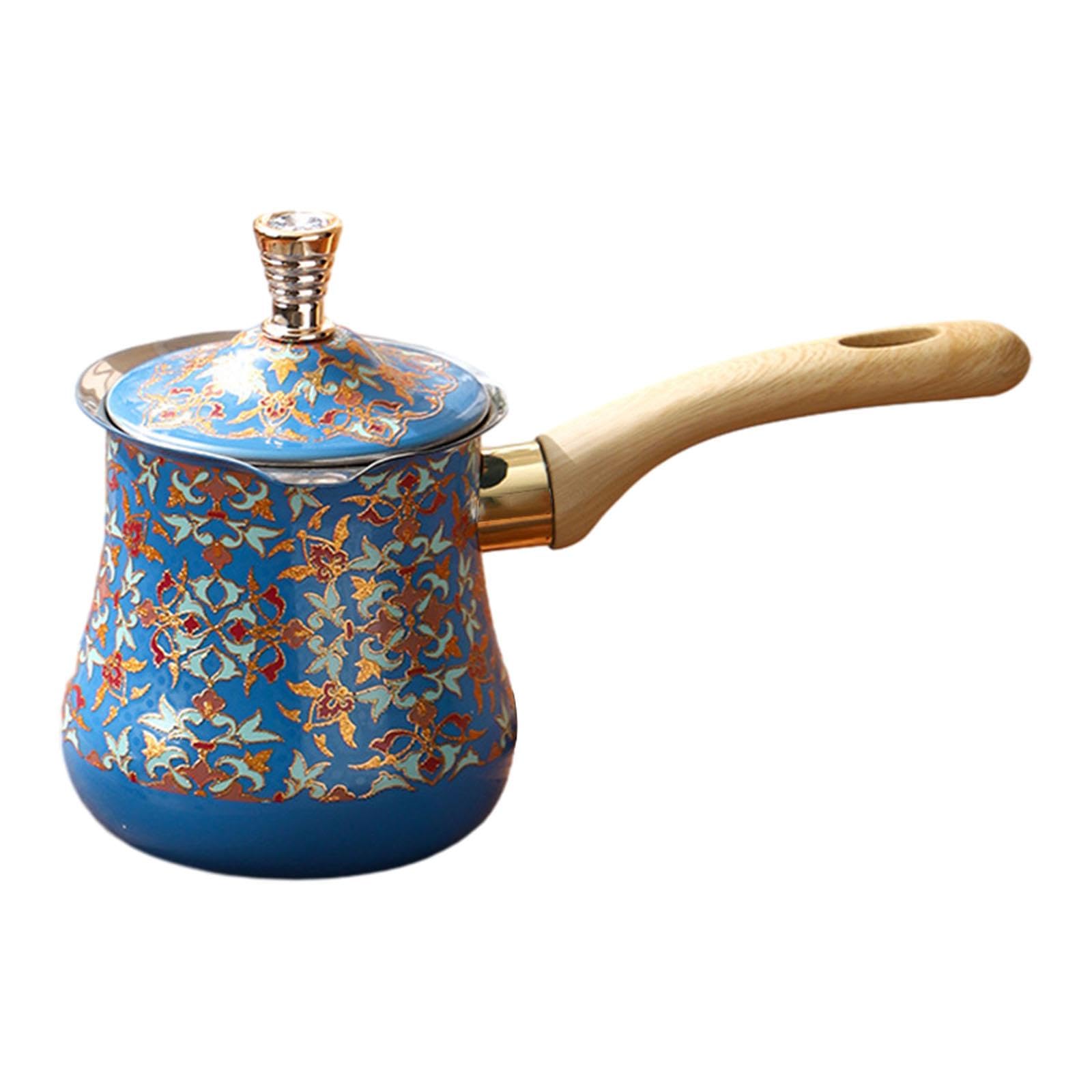 Edelstahl Induktionskanne Mokkakanne Türkische Kaffeekanne, Gießkanne mit Deckel und Ausguss, hitzebeständig, Türkische Kaffeekanne für Zuhause, Café, Restaurant, Camping, Blau Muster 550 ML