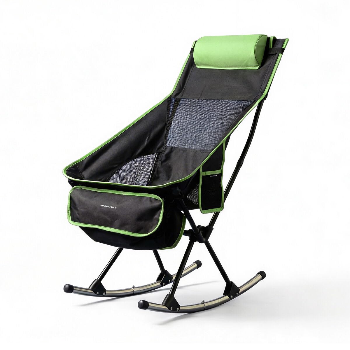 InnovaGoods - Silla Mecedora Plegable para Acampar 2 en 1, Silla Fija o con Balanceo, Respaldo Alto de Malla Transpirable, Bolsillo, Cojín Cervical, Bolsa de Transporte, Portátil, Camping, Exteriores