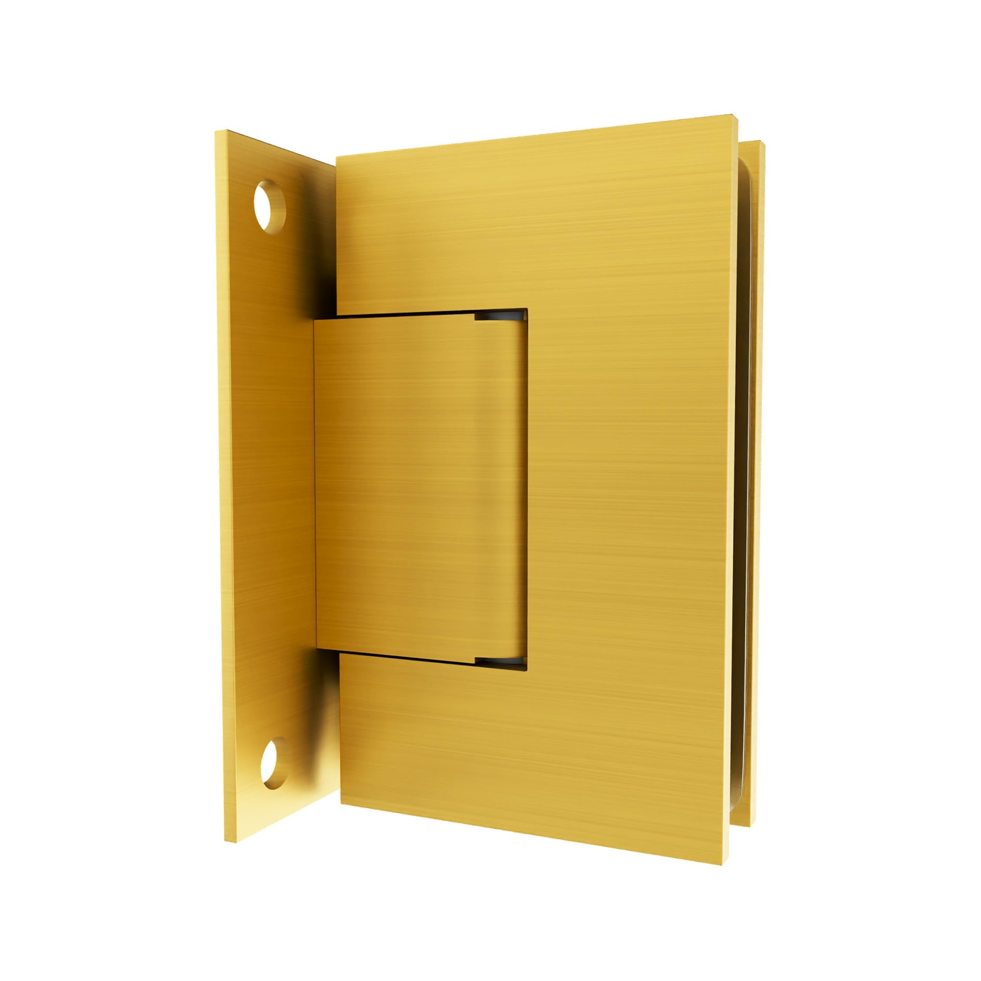Brixwell Wall Mount Full Back Plate Shower Door Hinge, Brass Material, Satin Brass Finish, for Frameless Glass Doors, 90 Degree Swing, 5/16" to 1/2" Tempered Glass Thickness, 3-1/2" Height