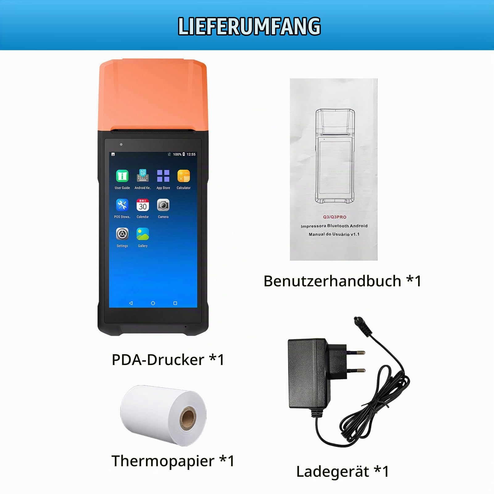 Tragbares POS-Terminal 11.0, 5,5-Zoll-Touchscreen-PDA-Scanner, Kompaktes Design für die US-Lagerlogistik (EU-Stecker)