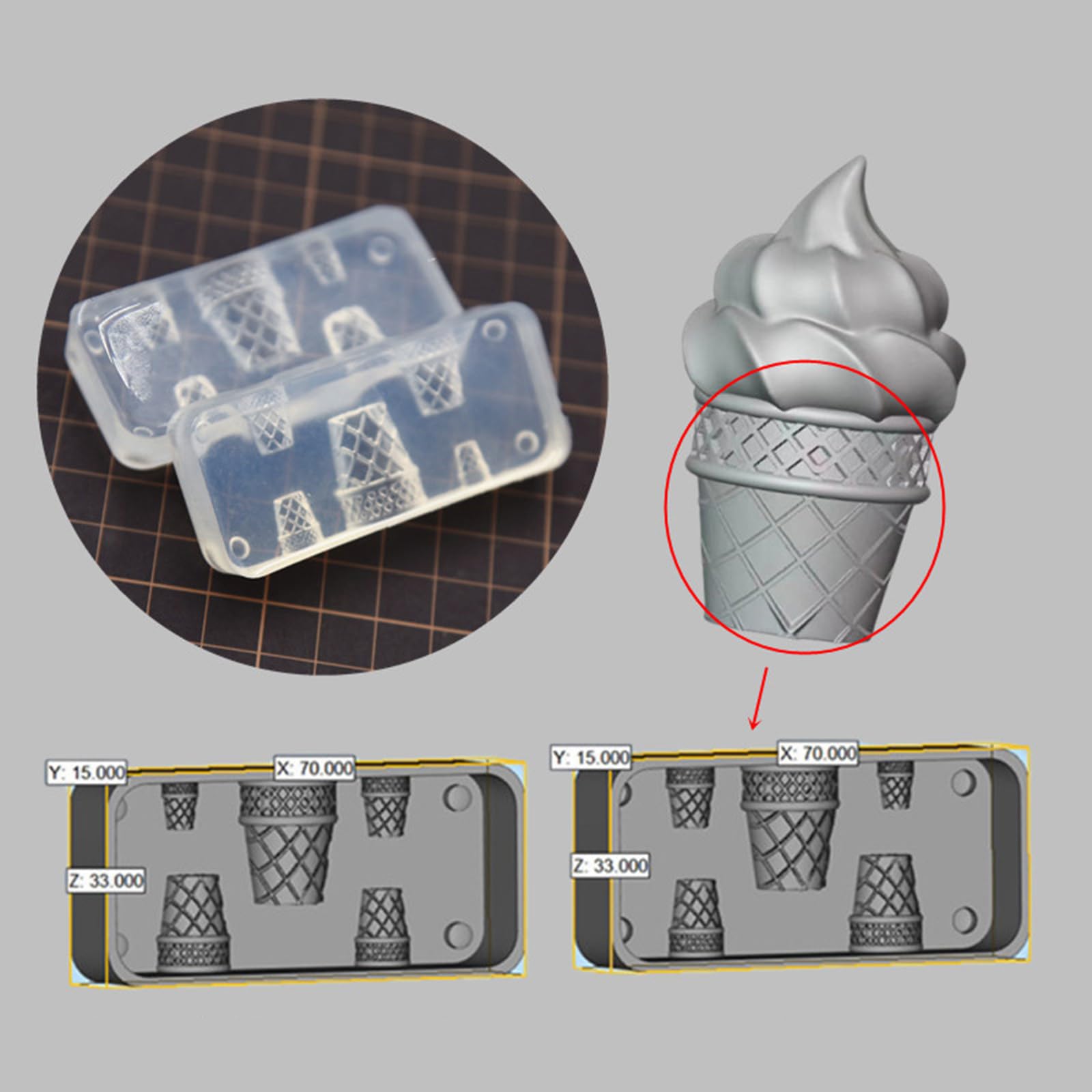 Molde de silicona for adornos resina, forma cono helado, molde for tazas pastel, manualidades bricolaje, fabricación joyas hechas a mano(Ice Cream Head 1)
