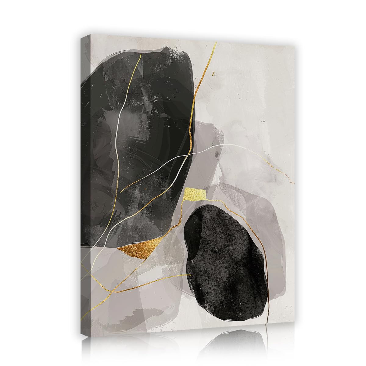 TOANGWALL Black Stones Canvas Wall Art Hallway Golden Lines Framed Poster Prints Minimalist Ink Splashes Abstract Painting Artwork for Loft Decor 70x85cm