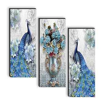 SAF paintings set of 3 Peacock And Flower Pot UV textured self adeshive wall painting for home decoration SANF-SJ91 - image, photos