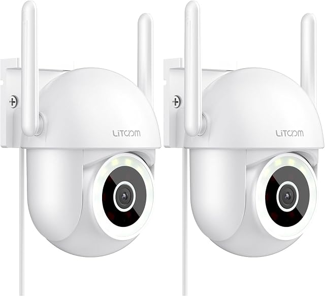 Little elf Caméra de sécurité extérieure, 4MP Caméra Surveillance Exterieur avec 360° Suivi de mouvement, Caméras de sécurité à domicile en plein air avec vision nocturne couleur, Détection de mouvement & Sirène,APP,Blanc, 2,4GHz - paquet de 2