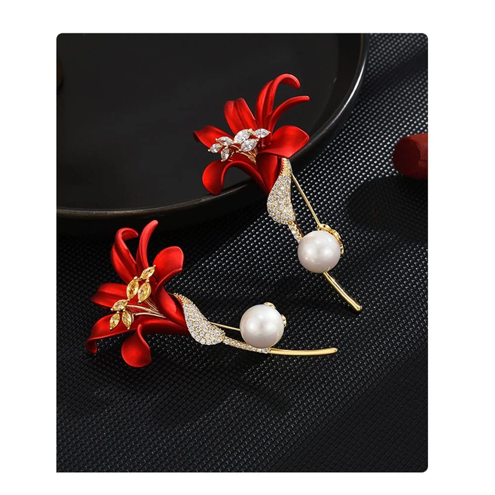 Rote Lilie Brosche weiblich Tropfen Öl Blumen Corsage Anzug Mantel Perlen Pins Zubehör