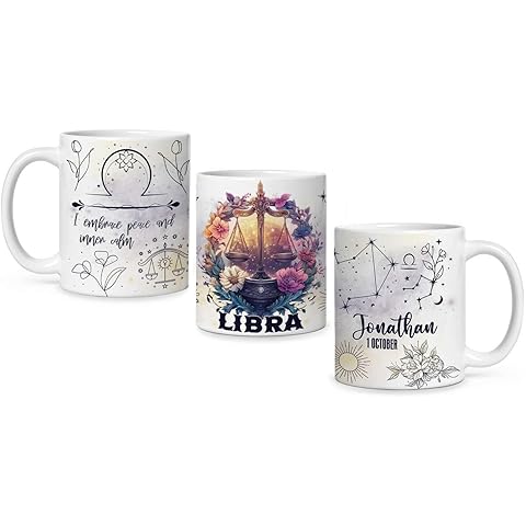 Custom Libra Horoscope Coffee Mug 11oz 15oz, Zodiac Themed White Cup, Customized Name Astrology Full Wrap Mug, Personalized Date Libra Zodiac Ceramic Cup, 1PCS