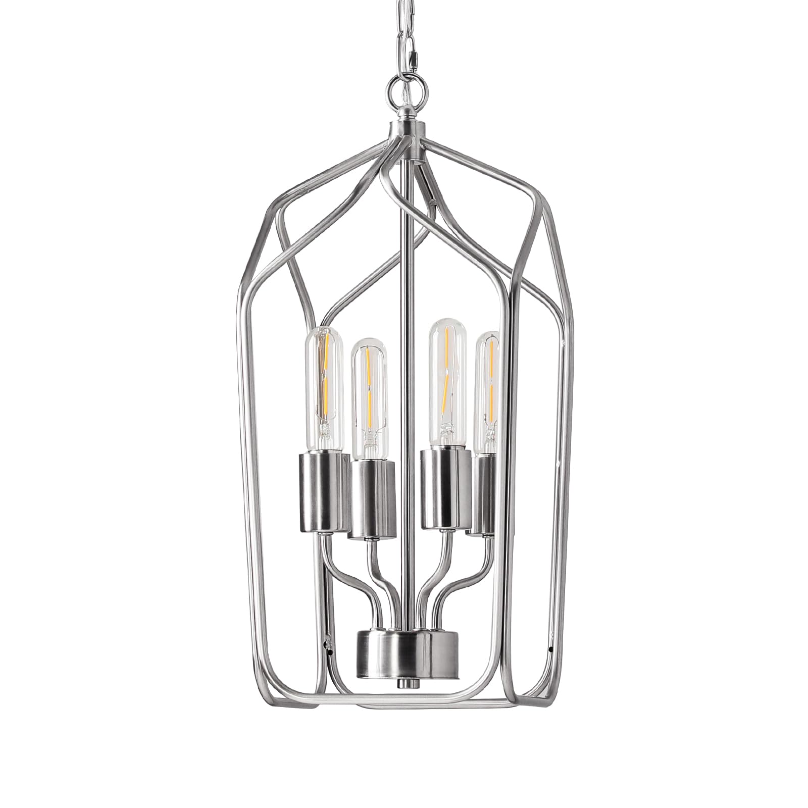 KAISITE Farmhouse Chandelier - 4-Light Brushed Nickel Industrial Ceiling Light Fixture Lantern Pendant Lighting Rustic Metal Cage Chandelier for Kitchen Entryway Foyer Hallway