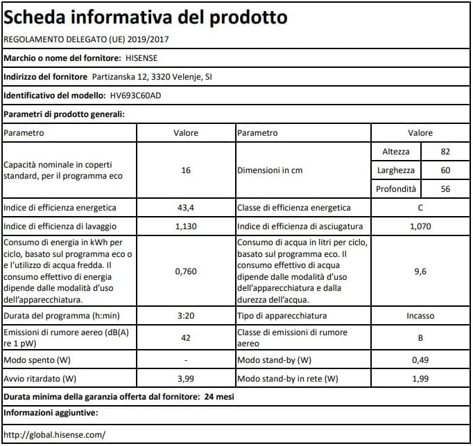 Product data sheet for Hisense HV693C60AD dishwasher, detailing energy efficiency, water consumption, noise level, and other technical specifications.