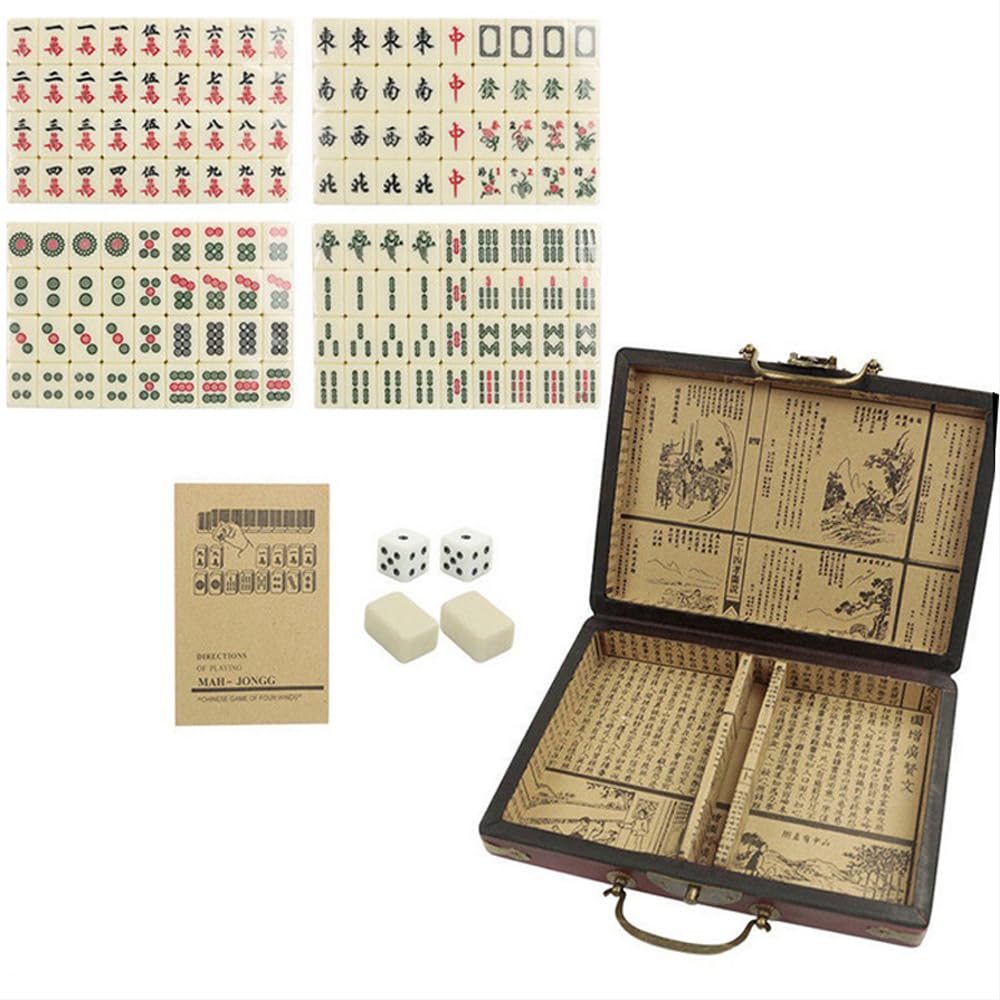 Mini chiński zestaw majong, 144 płytki mahjong, zestaw podróżny do zabawy, beżowy, antyczny garnitur mahjong, tradycyjna chińska gra