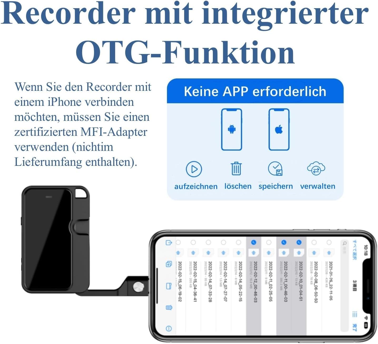 Mini Diktiergerät mit OTG, 64GB Digitales Aufnahmegerät mit Sprachaktivierung & Geräuschunterdrückung, One-Touch-Aufnahme, 1536Kbps HD-Stereo, Lange Akkulaufzeit für Büro, Uni & Interviews