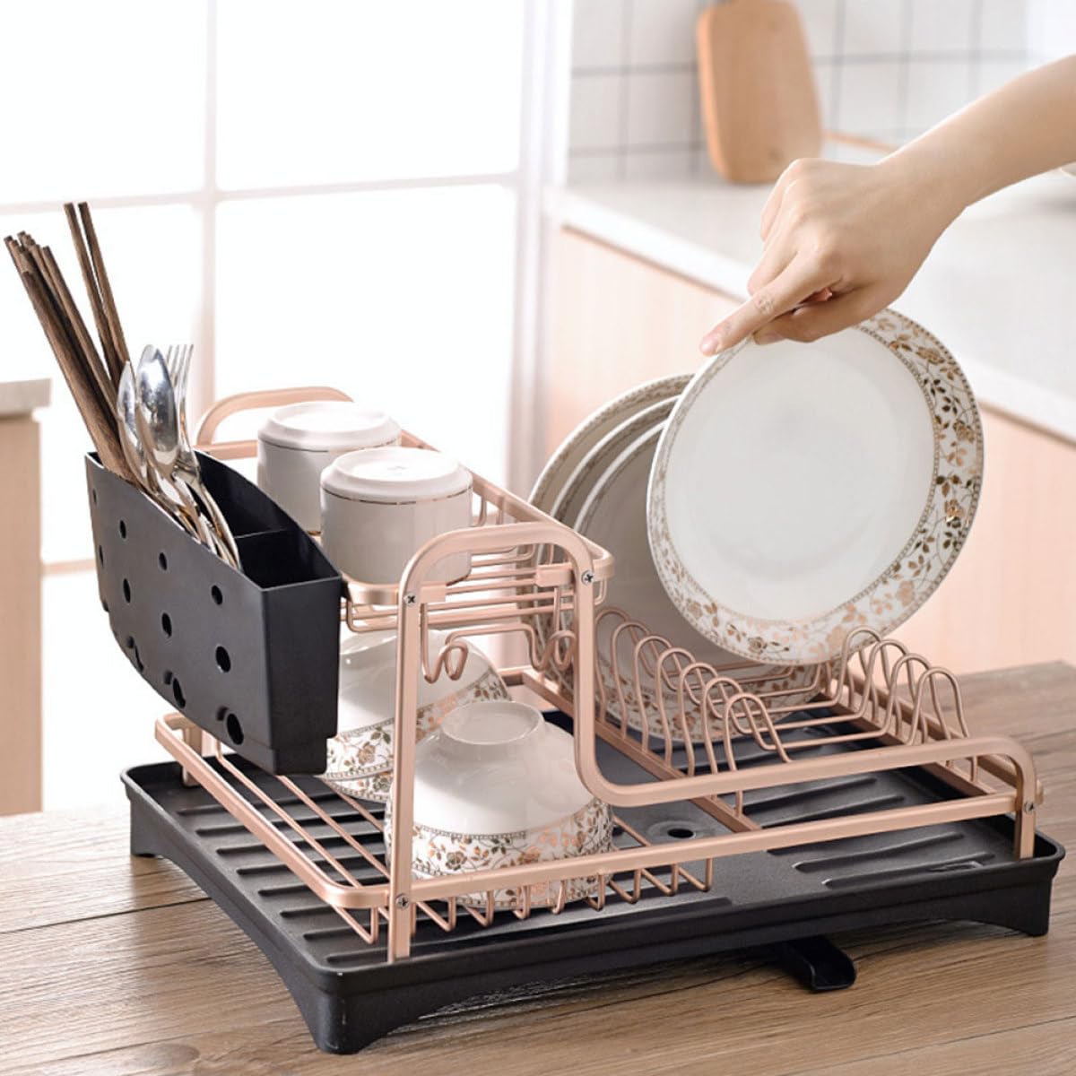 Mobestech Doppellagiges Aluminiumlegierung Küchen Abtropfgestell als Geschirrkorb und Besteckhalter für Küche Leicht zu Reinigen und Modernes Elegantes Design
