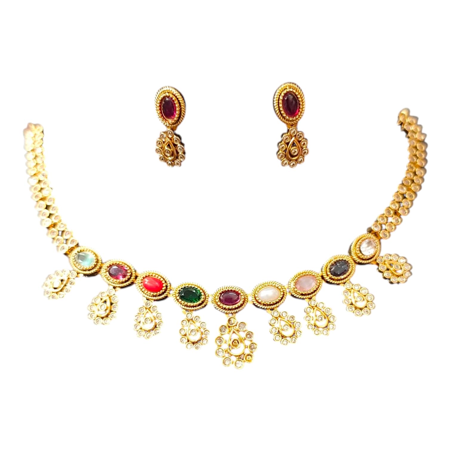 Navarathnalu Model Necklace Set with Multicolour Stones and Earrings-image-19