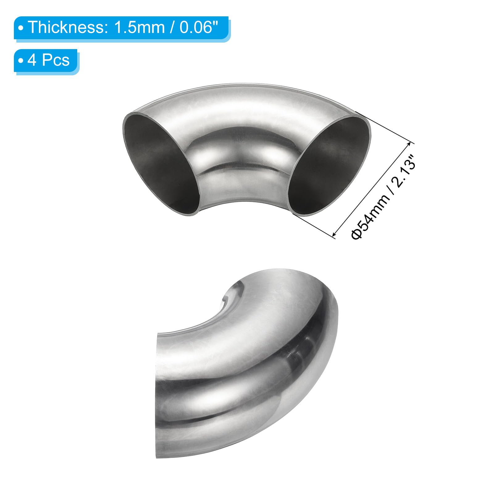 PATIKIL 4 piezas codo curvado con mandril 90 grados, 54mm diámetro exterior, codo escape acero, conector tubería escape, acero inoxidable 304 para tubería escape, barandilla escalera HVAC
