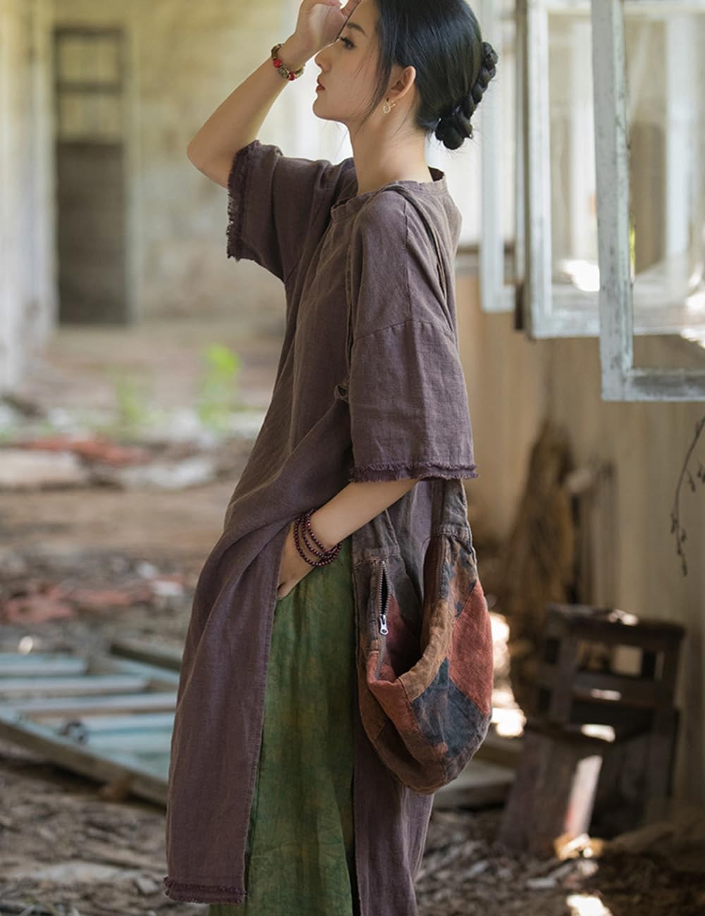 NFYM Women's Linen Midi Dress Short Sleeve Side Slit Distressed Frayed High Low Tunic Dresses - Image 8