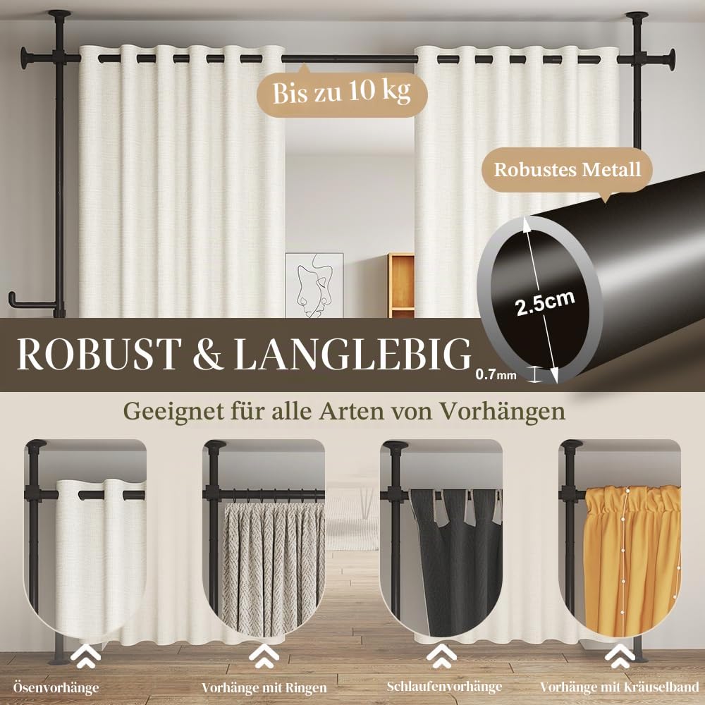 SMONTER Raumteiler Gardinenstange - Gardinenstangen ohne Bohren, Spannvorhangstangen vom Boden bis zur Decke für Vorhänge, freistehende Raumteilung, 110-310 cm, extra verstellbar