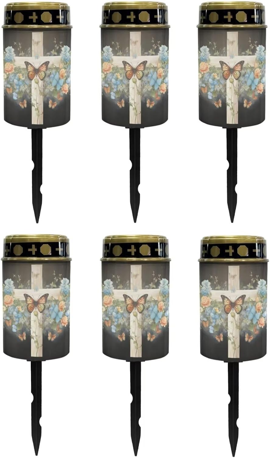 Poceacles Solar Lights Outdoor for Cemetery Grave Solar Lights Outdoor Waterproof Decorative Flameless Candle for Cemetery Garden Backyard Outdoor Decor, Butterfly Flower Cross Black, Pack of 6