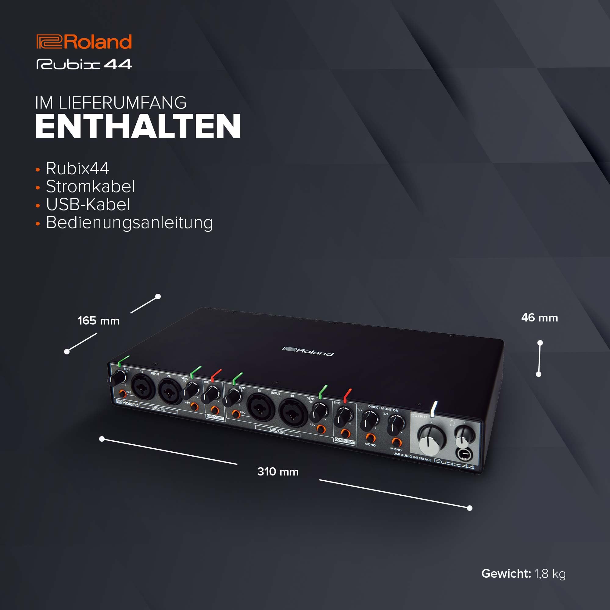 Roland Rubix44 4-In/4-Out USB Audio Interface | Hochauflösende Audioqualität | Aufnahme von Mikrofonen, Gitarren, Keyboards & mehr | Kompakte & robuste Konstruktion | Kompatibel mit Mac, PC & iPad