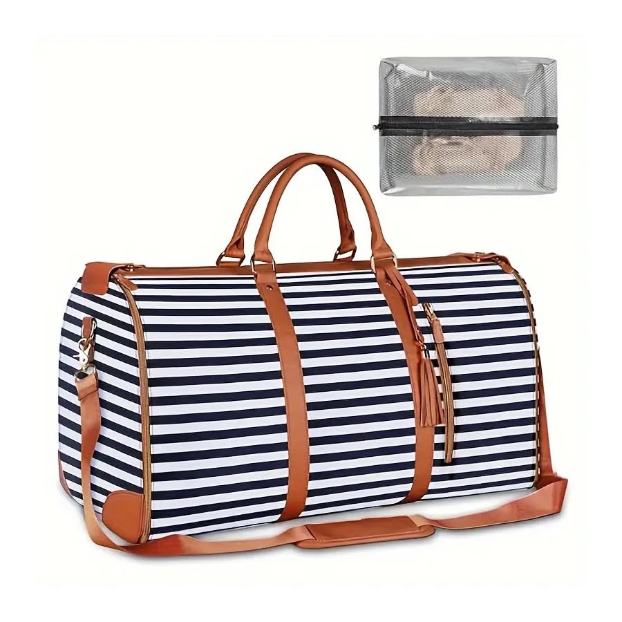 Large Travel Duffel Bag with Shoulder Strap, Blue Stripe Faux Leather, Weekend Overnight Carry-On with Laundry Bag