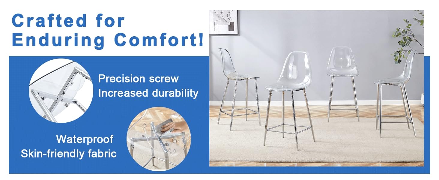 Barhocker 4er Set Acryl – transparente Sitzschale mit silbernem Metallgestell, belastbar bis 150 kg, für Theke, Tresen, Heimbar