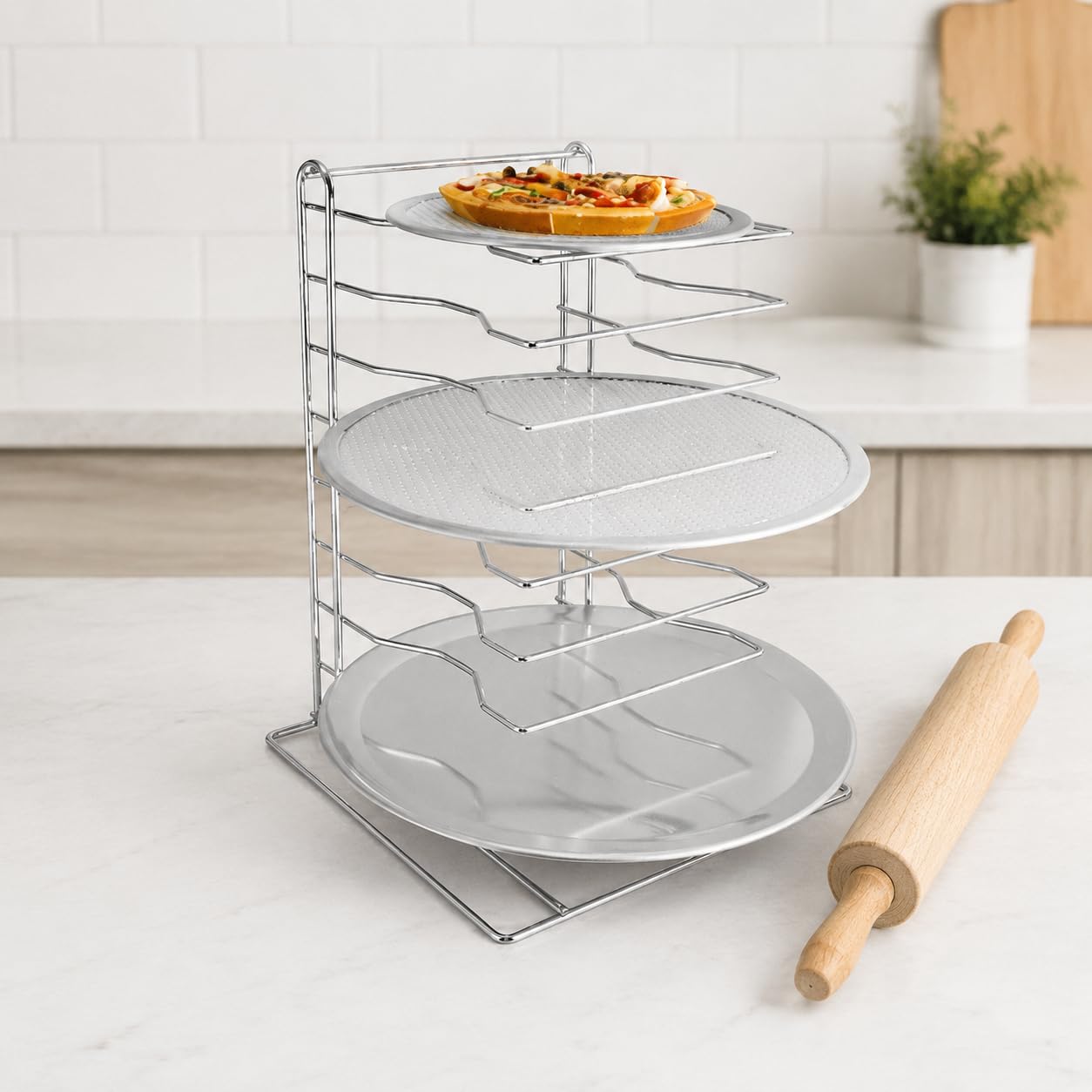 Support pizza rectangulaire, grille de rangement pour plaques à pizza, râtelier de comptoir en fer plaqué argent, 30,5 × 30,5 cm, 30,5 x 30,5 x H42,5 CM (8 couc
