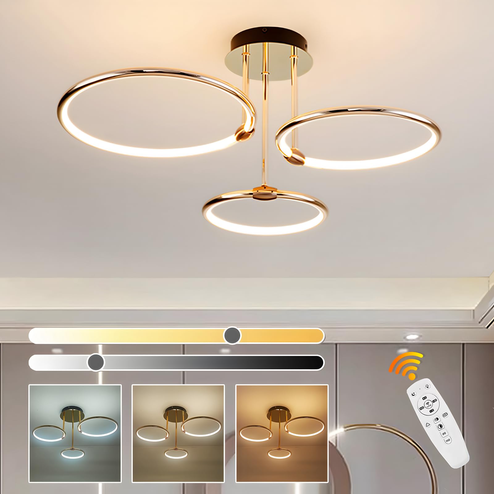 3 Anelli Rotondi Design Oro LED Plafoniera, Lampadario Ø56cm | 60W Dimmerabile Continuo, Pendente Placcato In Metallo Creativo, Lampada Moderna Per Soggiorno In Camera Letto Studio Ufficio