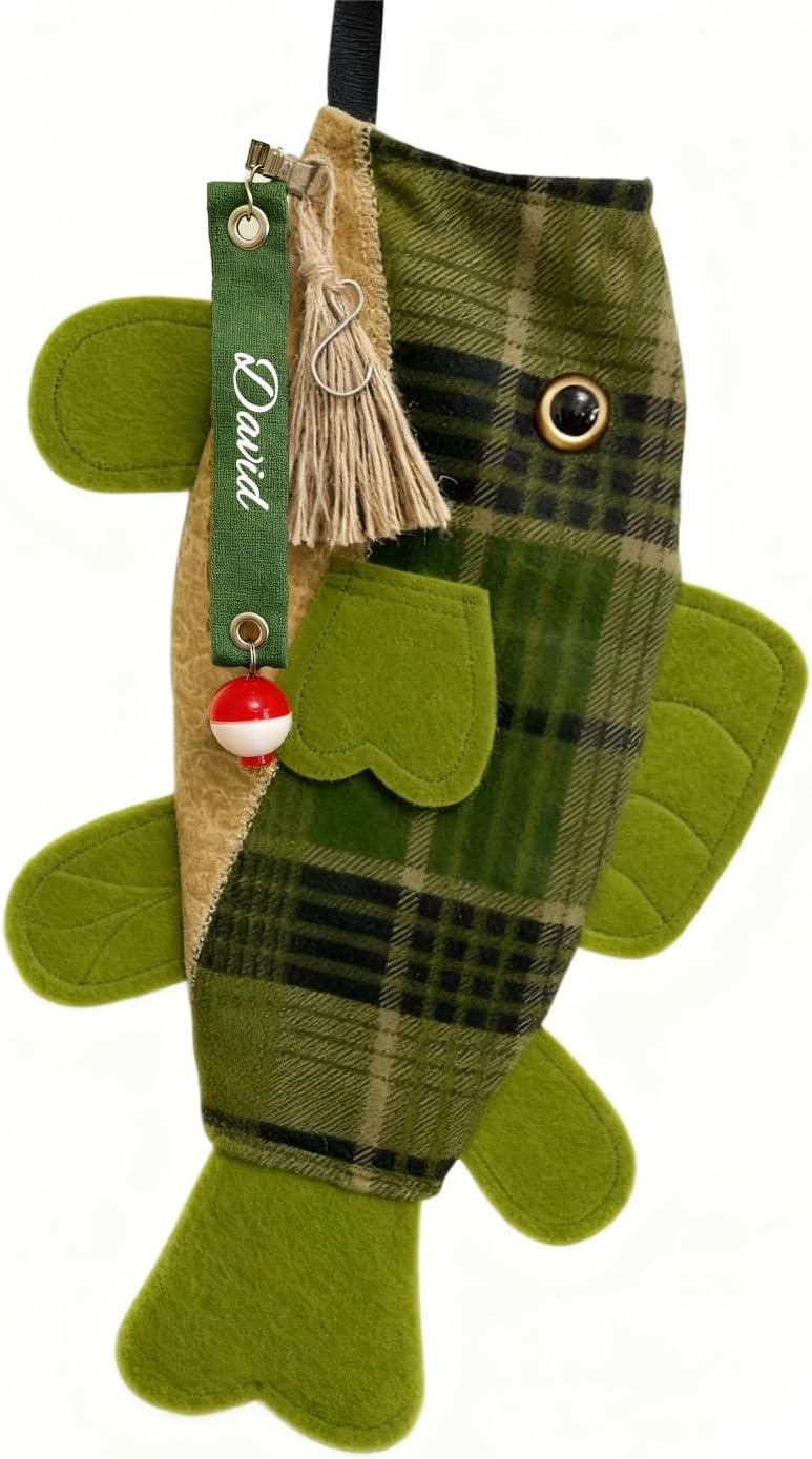 Personalized Bass Fish Christmas Stocking Custom Name Embroidery Funny Camo Design for Fishing Enthusiasts & Cat Lovers Ideal