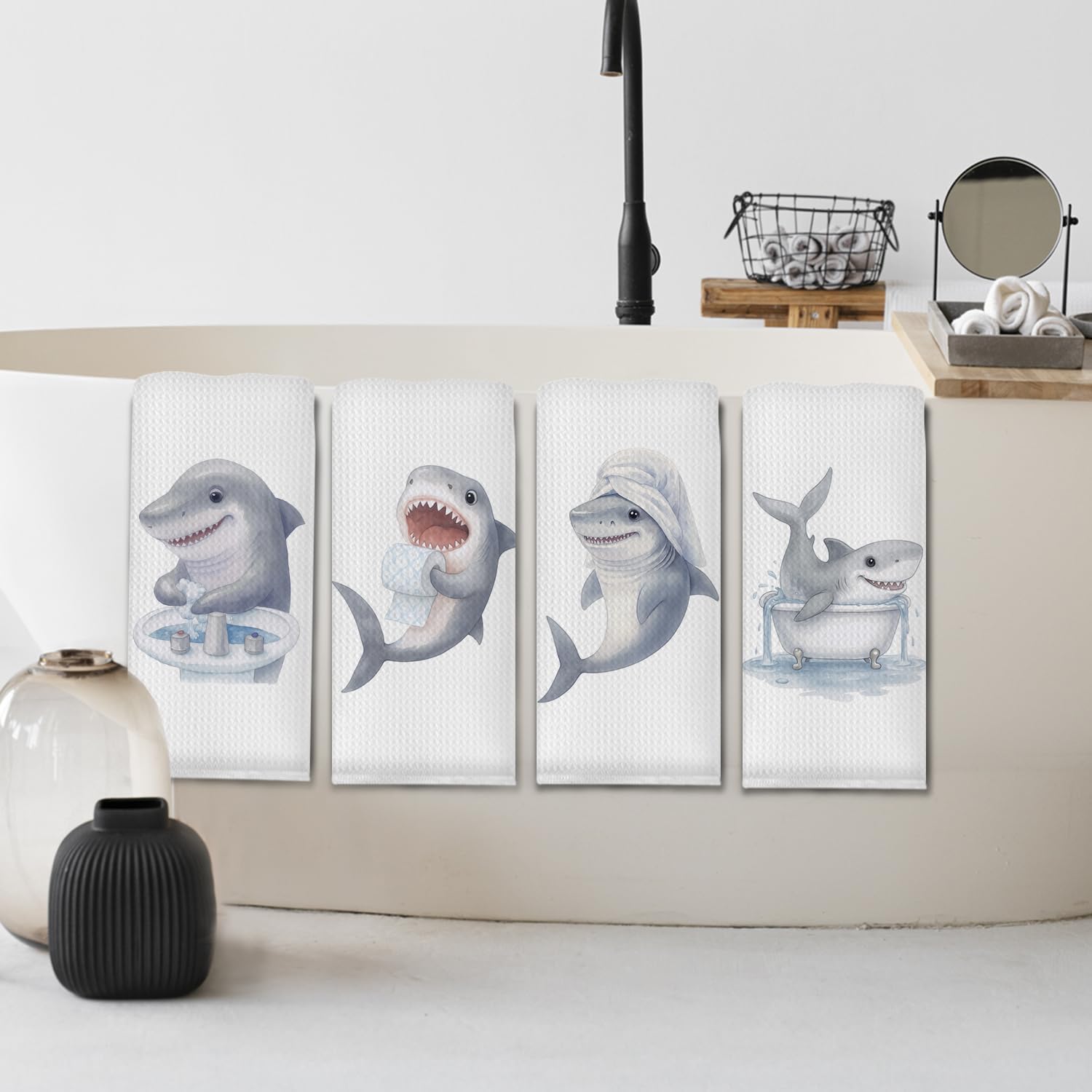 Coastal Beach Shark Bathroom Hand Towels, Gifts for Shark Lovers,Funny Ocean Sharks Decorative Hand Towels for Bathroom Washroom Restroom Toilet,16x24 Inch Set of 4 - Image 2