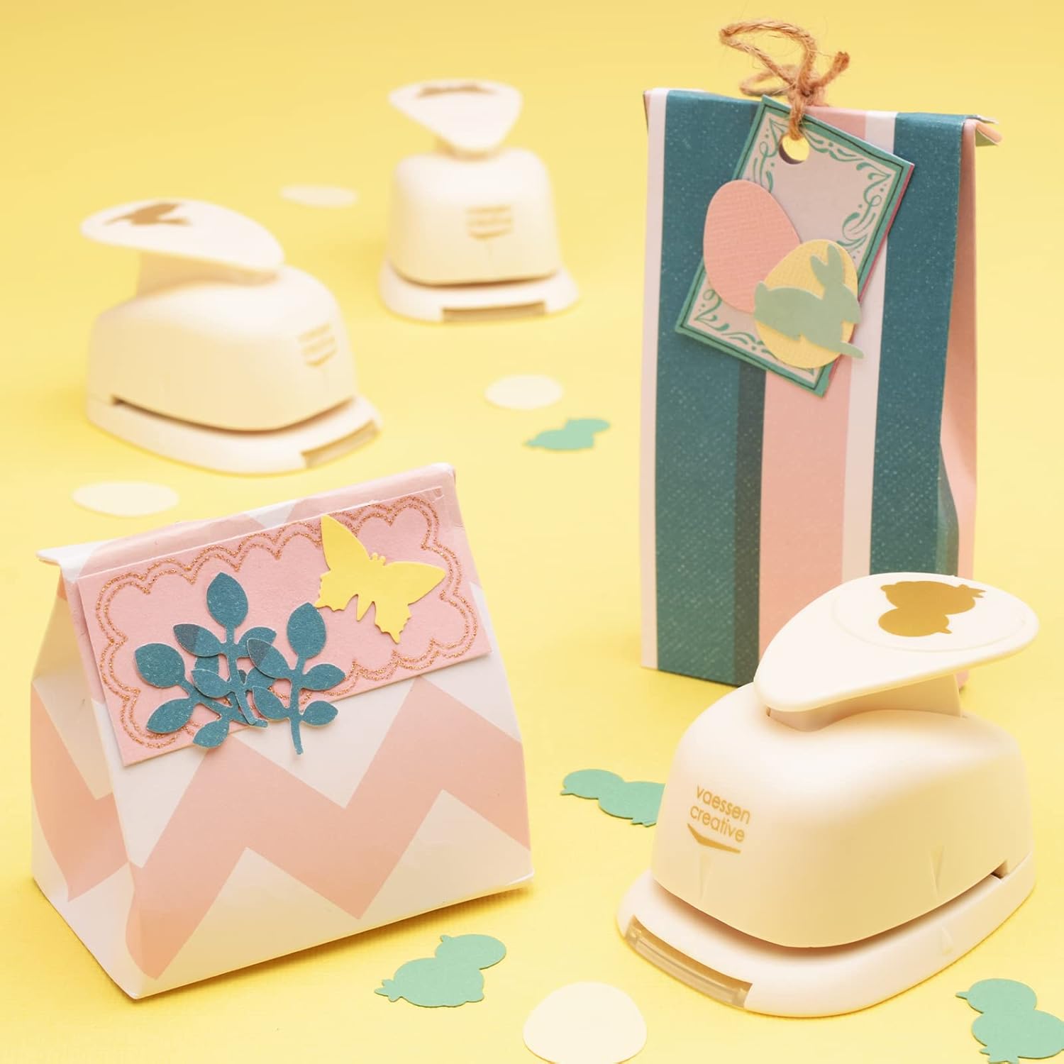 Vaessen Creative Craft Paper Punch - Easter - 5 Pcs - Various Sizes - Circle Cutter for Crafting and Card Making - Rabbit, Egg, Leaf, Little Chick, Butterfly