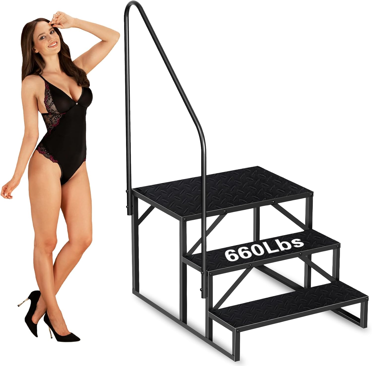 Swimming Pool Ladder Above Ground, RV Step Stool Ladder, Hot Tub Steps with Handrail, 660 lb Load Capacity Pool Stairs Pool Steps for Travel Trailers, Spa, Camper, 5th Wheels (3 Step, 1 Handle)